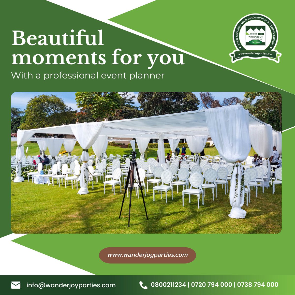 wanderjoy_ltd's tweet photo. Elegant Wedding Planning - Life's best moments are celebrated to the fullest.

Book your wedding with us on:

Phone: 0720794000 | 0738794000 | 0800211234
E-mail:  info@wanderjoyparties.com

#wanderjoypartyworldltd #eventplanner #events https://t.co/I7PIt3tZWE