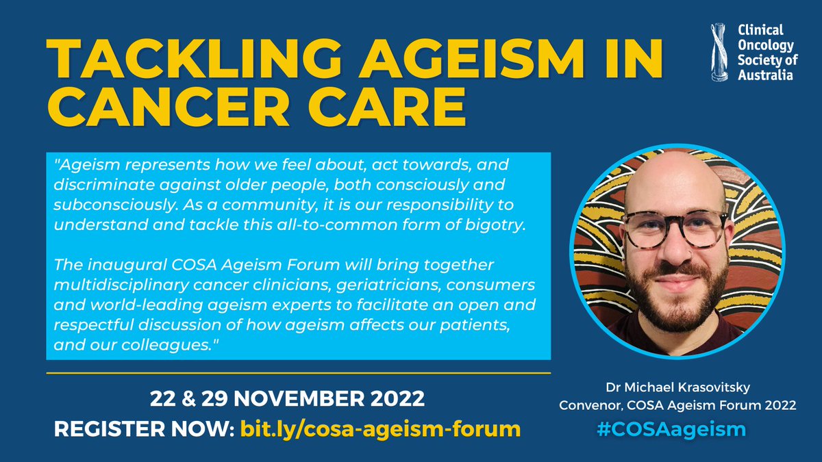 So excited and honoured to be chairing @COSAoncology's first ever forum on Tackling Ageism in Cancer Care. We've been hard at work, and have some incredible speakers joining us. Excited to see ou all there! Link: bit.ly/cosa-ageism-fo…. @COSAageism #gerionc #Ageism