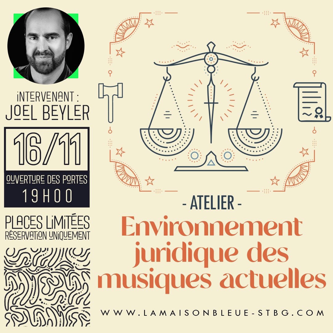 Mercredi 16 Novembre 2022 - La Maison Bleue Strasbourg
𝐄𝐧𝐯𝐢𝐫𝐨𝐧𝐧𝐞𝐦𝐞𝐧𝐭 𝐣𝐮𝐫𝐢𝐝𝐢𝐪𝐮𝐞 𝐝𝐞𝐬 𝐦𝐮𝐬𝐢𝐪𝐮𝐞𝐬 𝐚𝐜𝐭𝐮𝐞𝐥𝐥𝐞𝐬
Intervenant : <a href="/JoBeyler/">Jo Beyler Perso</a> de <a href="/Diese14Records/">Label #14 Records</a> 
🎟️Inscription : bit.ly/3UrYIOj
