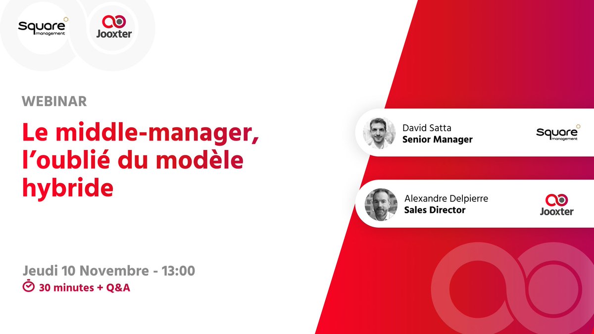 Jooxter's tweet photo. [Webinar] 💻 Ce jeudi à 13h, Jooxter en collaboration avec Square Management pour un webinar expert autour du sujet :
“Le Manager, l’oublié du modèle hybride”

Dernière chance pour vous inscrire 👇
https://t.co/AfjyB8nUZK 

Nous avons hâte de vous rencontrer ! 👋
L’équipe Jooxter https://t.co/NmHeFaMbOZ