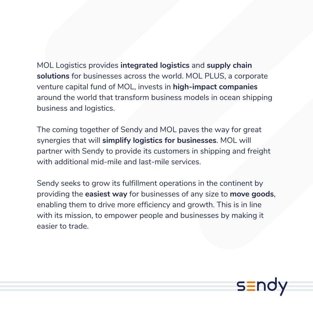 SendyKenya's tweet photo. We are thrilled to announce a new investment and partnership from Mitsui O.S.K. Lines (MOL). Sendy has received investment from MOL PLUS to further scale up our Fulfillment services across Africa.
#DoMore #Sendy https://t.co/pjzKmIM1wj