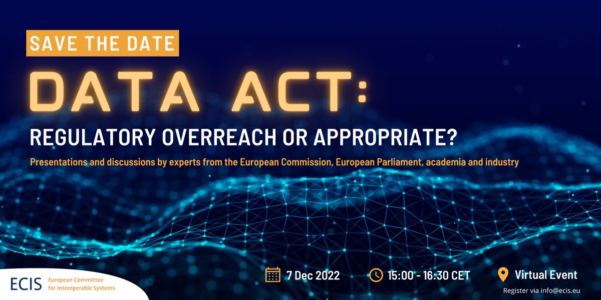 ECISbrussels's tweet photo. 🗓️Save the Date for ECIS Annual Event on the European Commission’s Data Act proposal❗️

🕐7 December 2022, 15:00 CET
✏️Register via info@ecis.eu https://t.co/8Nq9vVsTBX