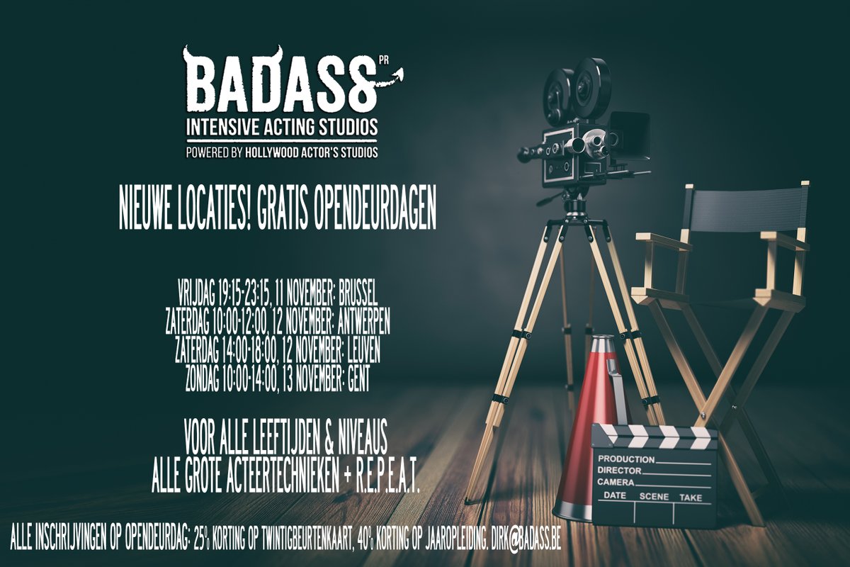 BadassCourses's tweet photo. Dit weekend #opendeurdagen in #Brussel, #Gent, #Leuven en #Antwerpen! Wie zich ter plekke inschrijft, kan dat doen aan een fikse korting, kom dus zeker langs! #acteercursus #acterenkanjeleren  #acteerles #acteeropleiding #acteren https://t.co/48c6JXJH2M