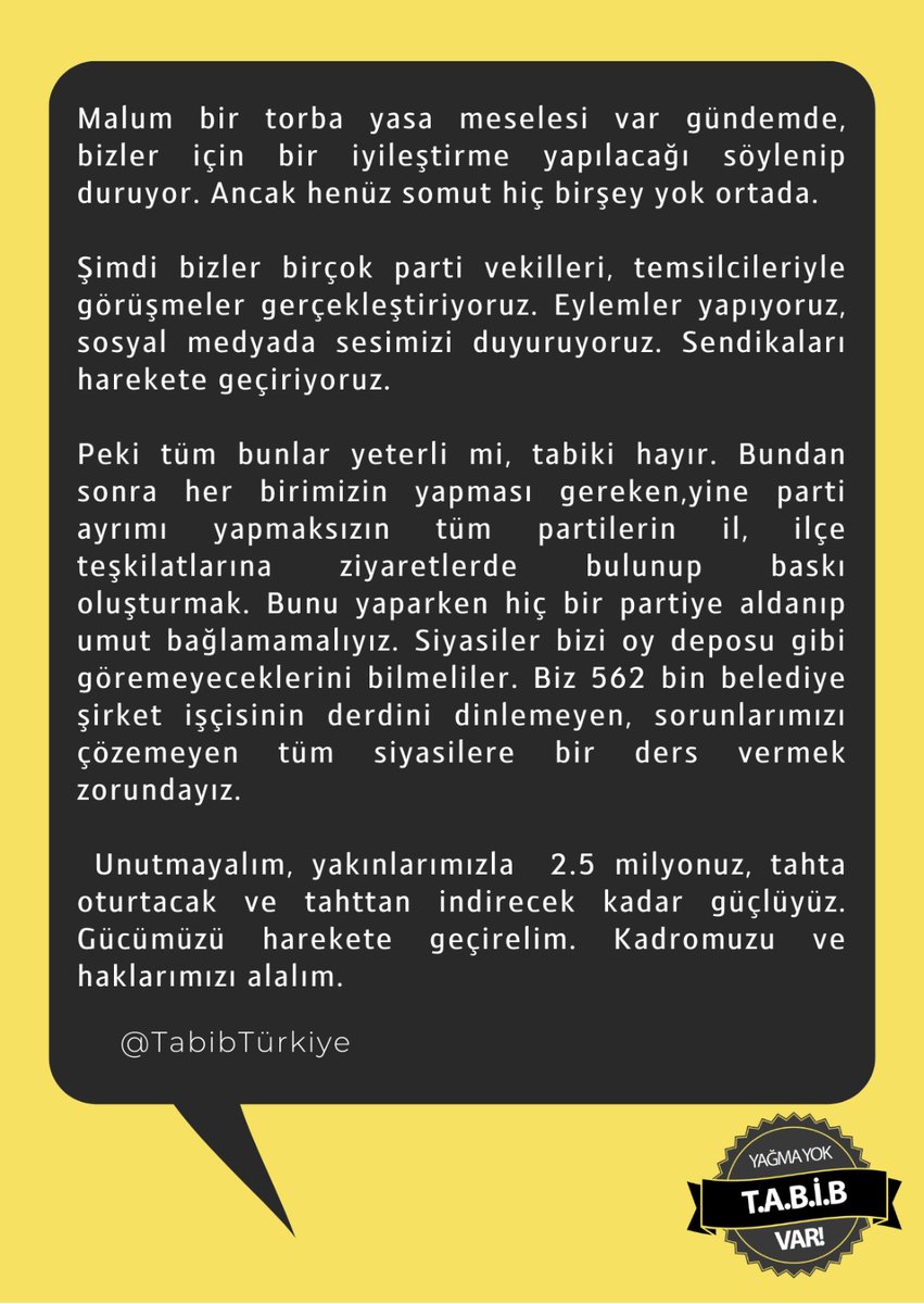 Oy deposu değiliz, işçiyiz, alınterimizle yaşamaya çalışıyoruz. Kangren olmuş sorunlarımızın çözümü için bütün şirket işçileri harekete geçmelidir.Kimse bir dakika bile boş durmamalıdır <a href="/vedatbilgn/">Vedat Bilgin</a>
<a href="/Akparti/">AK Parti</a> <a href="/tcbestepe/">T.C. Cumhurbaşkanlığı</a> <a href="/MHP_Bilgi/">MHP</a> <a href="/herkesicinCHP/">CHP 🇹🇷</a> <a href="/iyiparti/">İYİ Parti</a>
#BelediyeŞirketeNotmKadro
