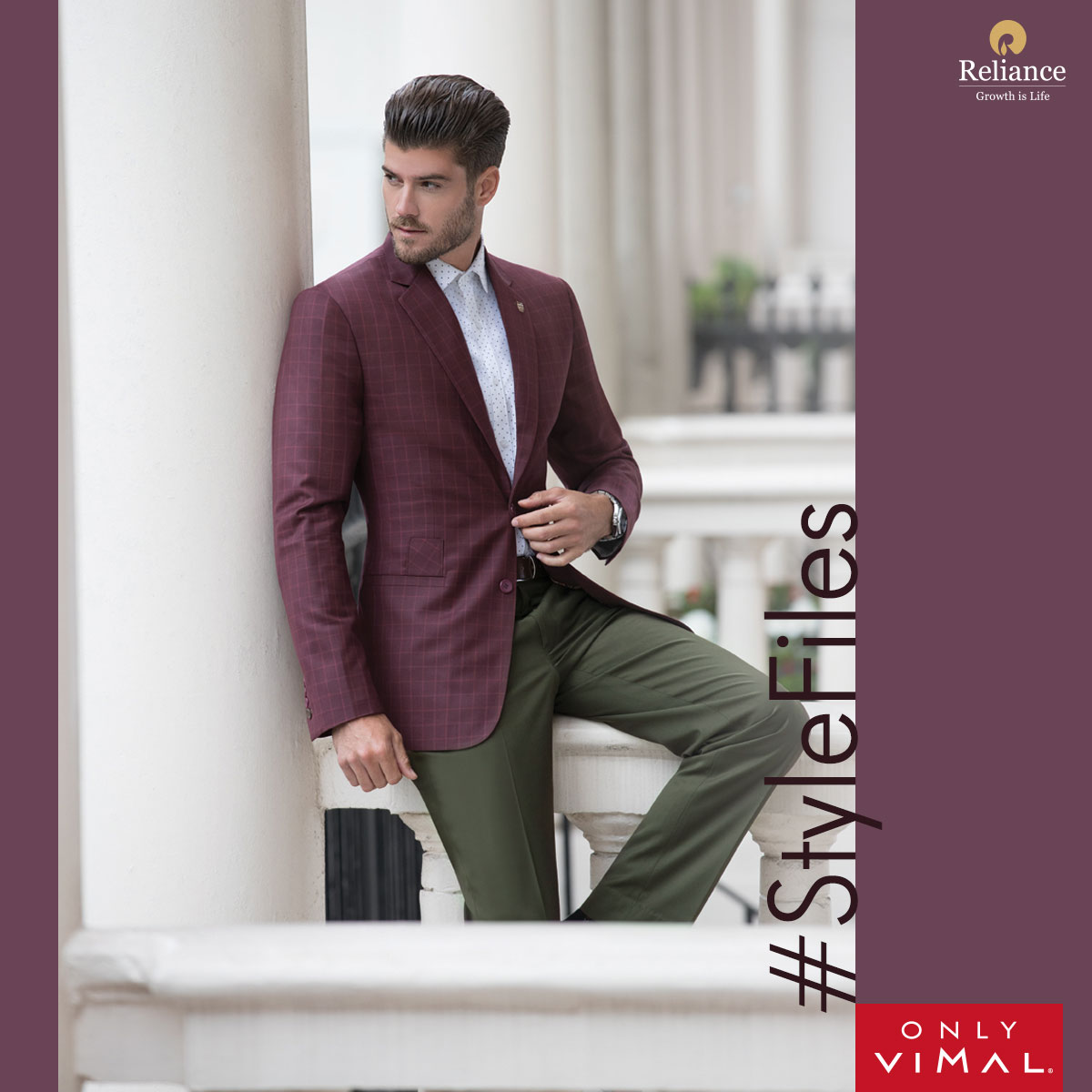 OnlyVimal_India's tweet photo. Every ensemble from #OnlyVimal #Stylefiles makes a grand fashion statement. The gentleman here is looking suave in a maroon checkered jacket with notch lapels, paired with olive trousers.
#Reliance #RelianceIndustries https://t.co/yc61WI7xO6