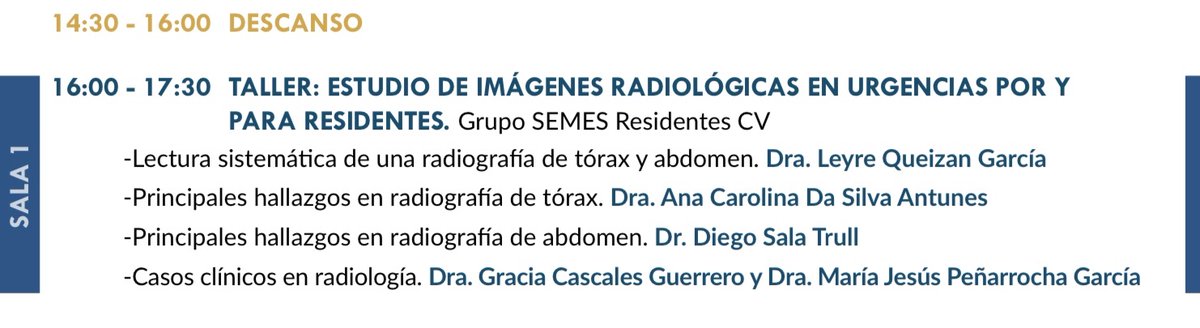 Estamos en congreso SEMES CV 💃💪🏻!!

Todo listo para nuestro taller de lectura de imagen radiológica en urgencias. ¡Nos vemos mañana!

¡Nos vemos a las 16:00 en sala 1, no te lo pierdas! 

<a href="/SEMES_CV/">SEMES_CV</a>