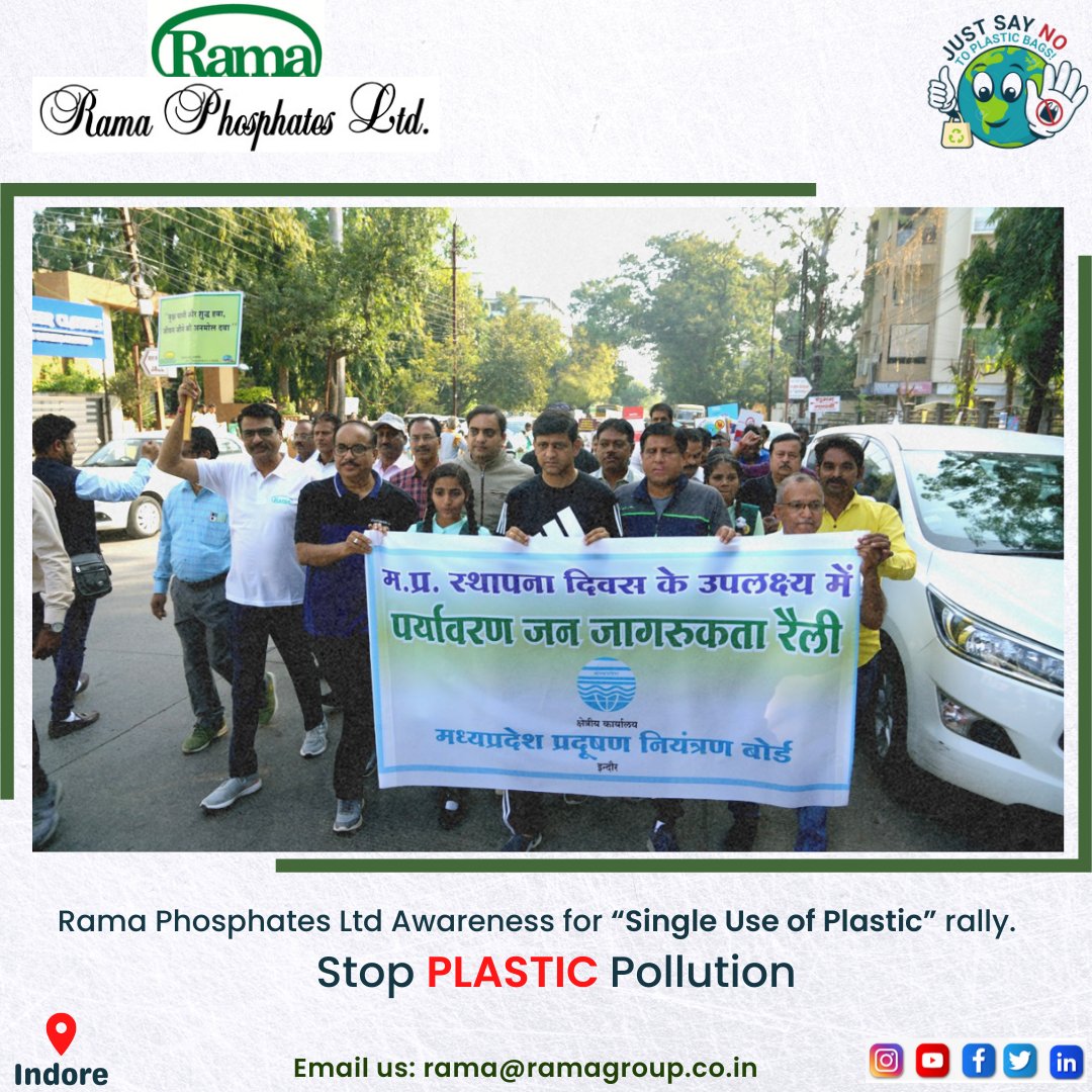 RamaPhosphates's tweet photo. @RamaPhosphates Limited, Indore Unit organized a Rally for Awareness of the “Single Use of Plastic” on the occasion of Madhya Pradesh Foundation Day on 1st November 2022 
#awareness #rally #plasticpollution #plasticfree #ocean #plasticfreeoceans  #sustainability #recycle https://t.co/KyRL1QfnNG