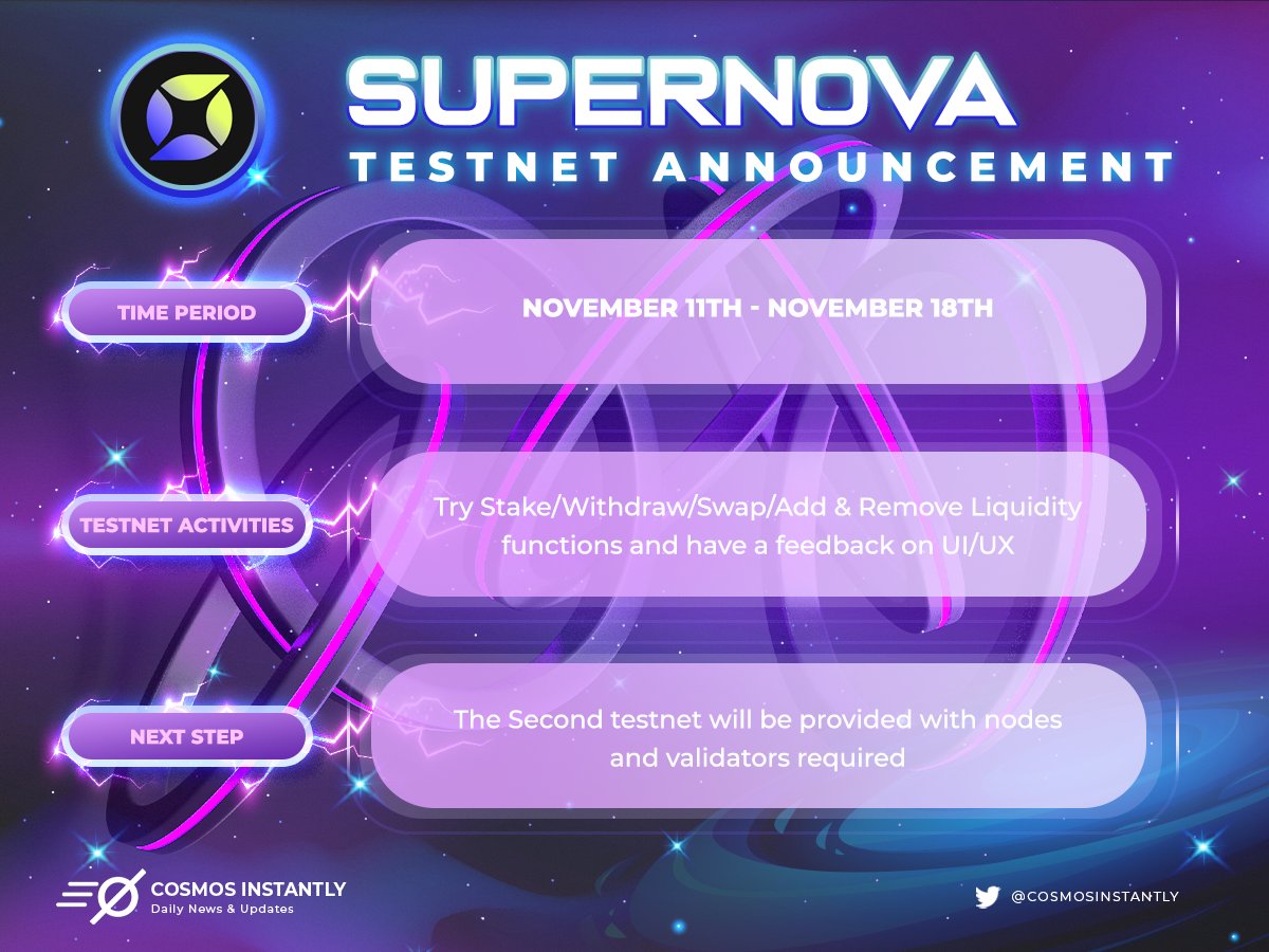 📢Hey #Cosmonauts
🤩<a href="/Supernovazone/">Supernova</a> will launch their Testnet soon.
😍Anyone can participate in the testnet.
👉Supernova is an ultimate platform for staked assets on #Cosmos and 2022 #Hackatom Seoul #Interoperability track Winner
👇For more details
➡️medium.com/supernovazone/…⬅️