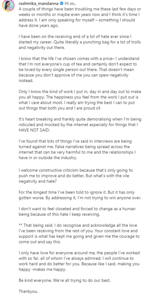 NikitaReview's tweet photo. #RashmikaMandanna pens a open letter.

"I have been on the receiving end of a lot of hate ever since I started my career. Quite literally a punching bag for a lot of trolls and negativity out there." https://t.co/wkxxGawmKc