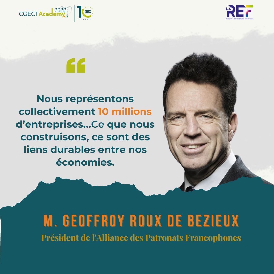 cgeci_academy's tweet photo. "C’est ensemble que nous pourrons être forts, c’est ensemble que notre voix porte."

𝗠. 𝗚𝗲𝗼𝗳𝗳𝗿𝗼𝘆 𝗥𝗢𝗨𝗫 𝗗𝗘 𝗕𝗘𝗭𝗜𝗘𝗨𝗫, 𝗣𝗿𝗲́𝘀𝗶𝗱𝗲𝗻𝘁 𝗱𝗲 𝗹'𝗔𝗹𝗹𝗶𝗮𝗻𝗰𝗲 𝗱𝗲𝘀 𝗣𝗮𝘁𝗿𝗼𝗻𝗮𝘁𝘀 𝗙𝗿𝗮𝗻𝗰𝗼𝗽𝗵𝗼𝗻𝗲𝘀, lors du forum #CGECIacademy2022 / #LaREF22 https://t.co/tkxABeUwAp