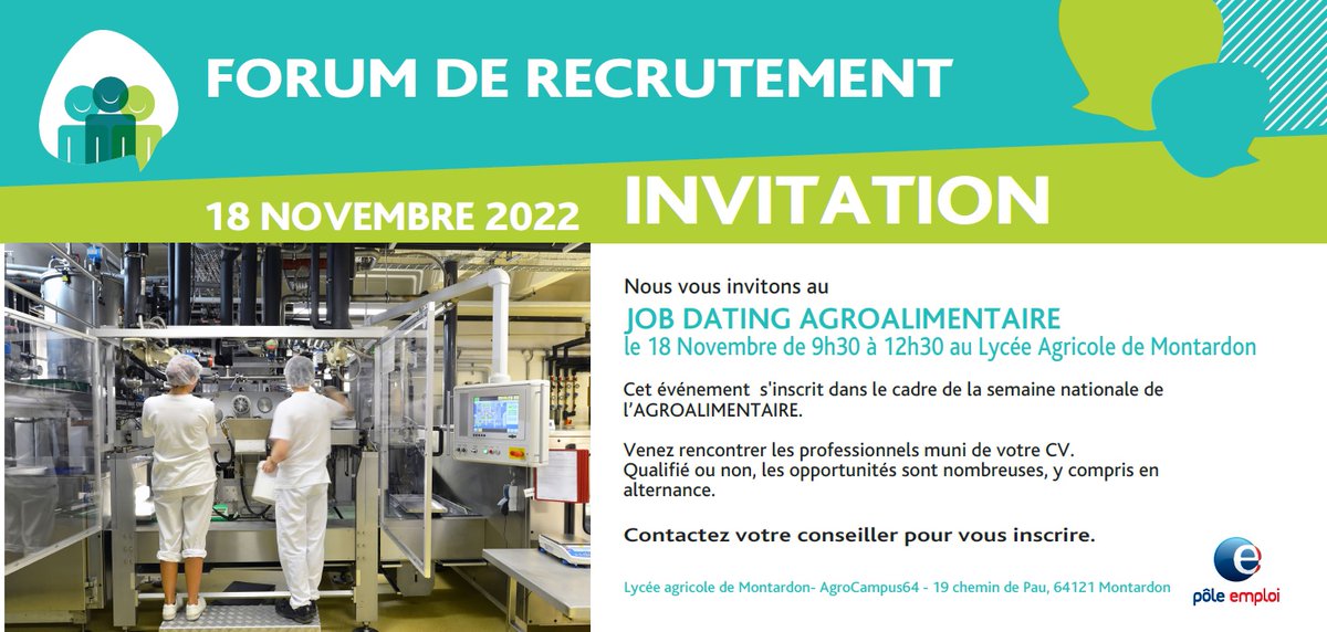 📣 Dans le cadre de la #SemaineNationaleAgroalimentaire, un #Forum de l’#emploi est organisé le 18 nov. au Lycée Agricole de #Montardon près de <a href="/Ville_Pau/">Pau, Capitale Humaine</a>
📌 Le matin, RDV pour un #Job_Dating #AvecPoleEmploi (inscription préalable via votre conseiller.ère @pole_emploi)