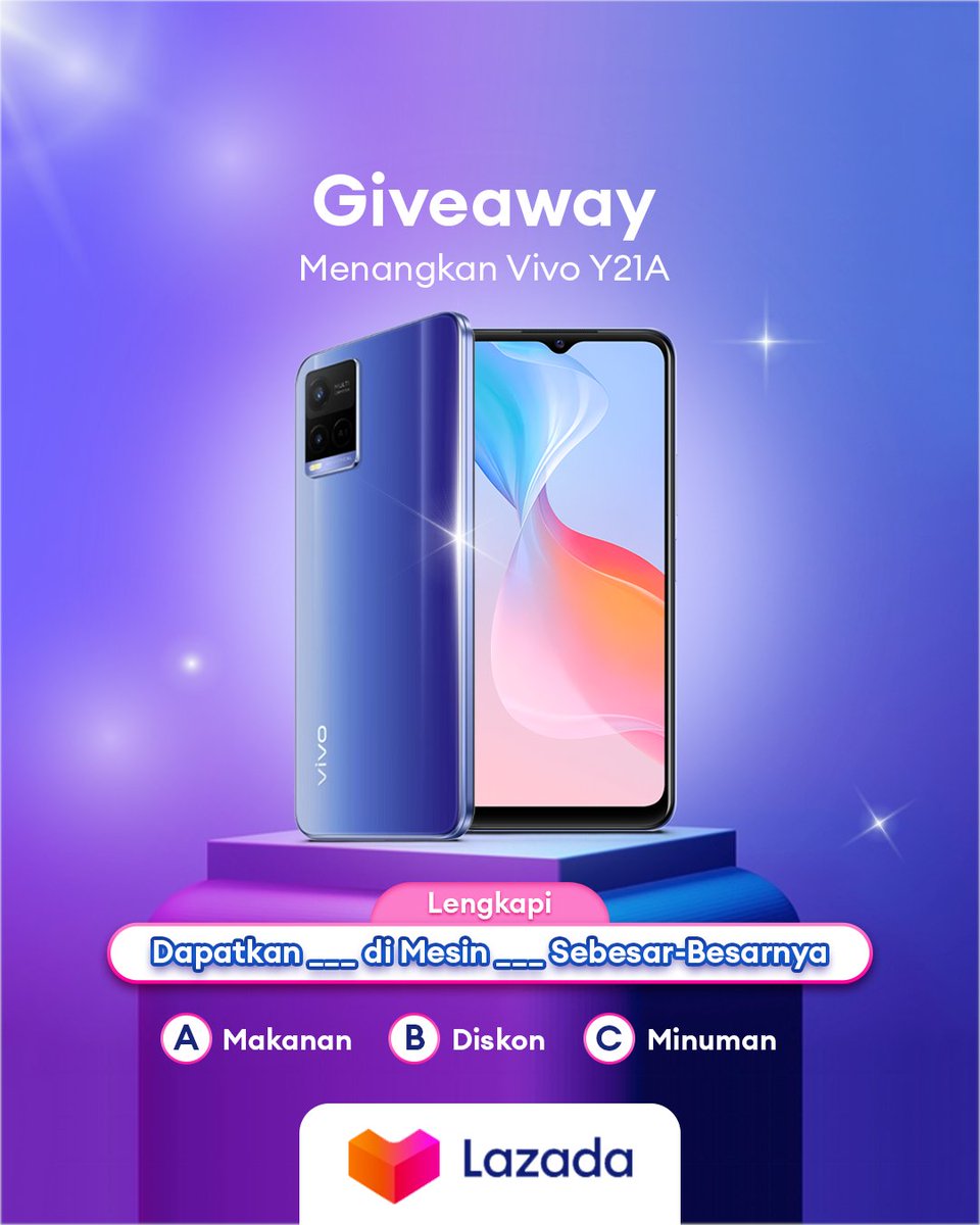 ✨GIVEAWAY ALERT✨ MAU VIVO Y21A GRATIS? 1. Follow @LazadaID 2. RT, Like, Komen jawaban yang benar & alasan menang sebanyak-banyaknya pakai hashtag #LazadaGiveaway #MesinDiskonSebesarBesarnya 3. Tag 3 temanmu #LazadaID1111 #DiskonSebesarBesarnya #TambahKeHidupmu #LazadaID