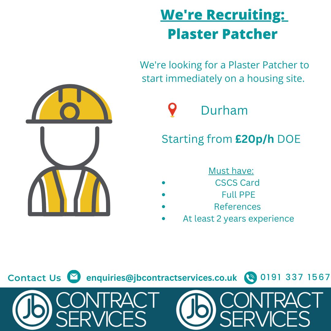 JB are currently looking for a Plaster Patcher in Durham!

Contact us for more information!

0191 337 1567

#recruitment #agency #construction #plasterer #plasterpatcher #housingsite #job #constructionjob
