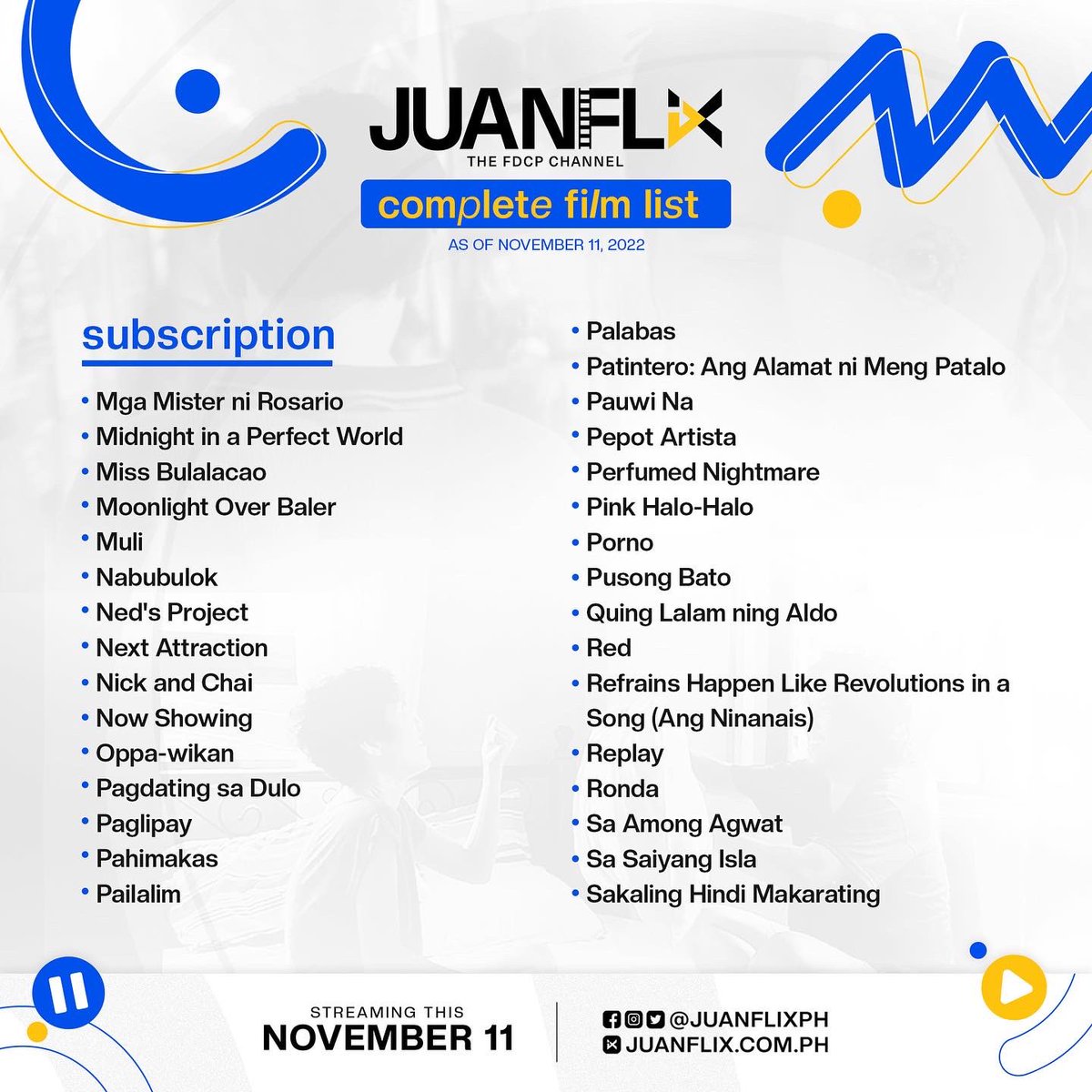 JuanFlixPH's tweet image. [2] ‘Di lang yan, abangan pa ang mga pelikulang paparating sa JuanFlix every month na siguradong maeenjoy niyo!

Kitakits tayo sa juanflix.com.ph ngayong 11.11 at huwag kalimutang tumutok sa aming social media accounts para sa lahat ng updates.

#JuanFlix