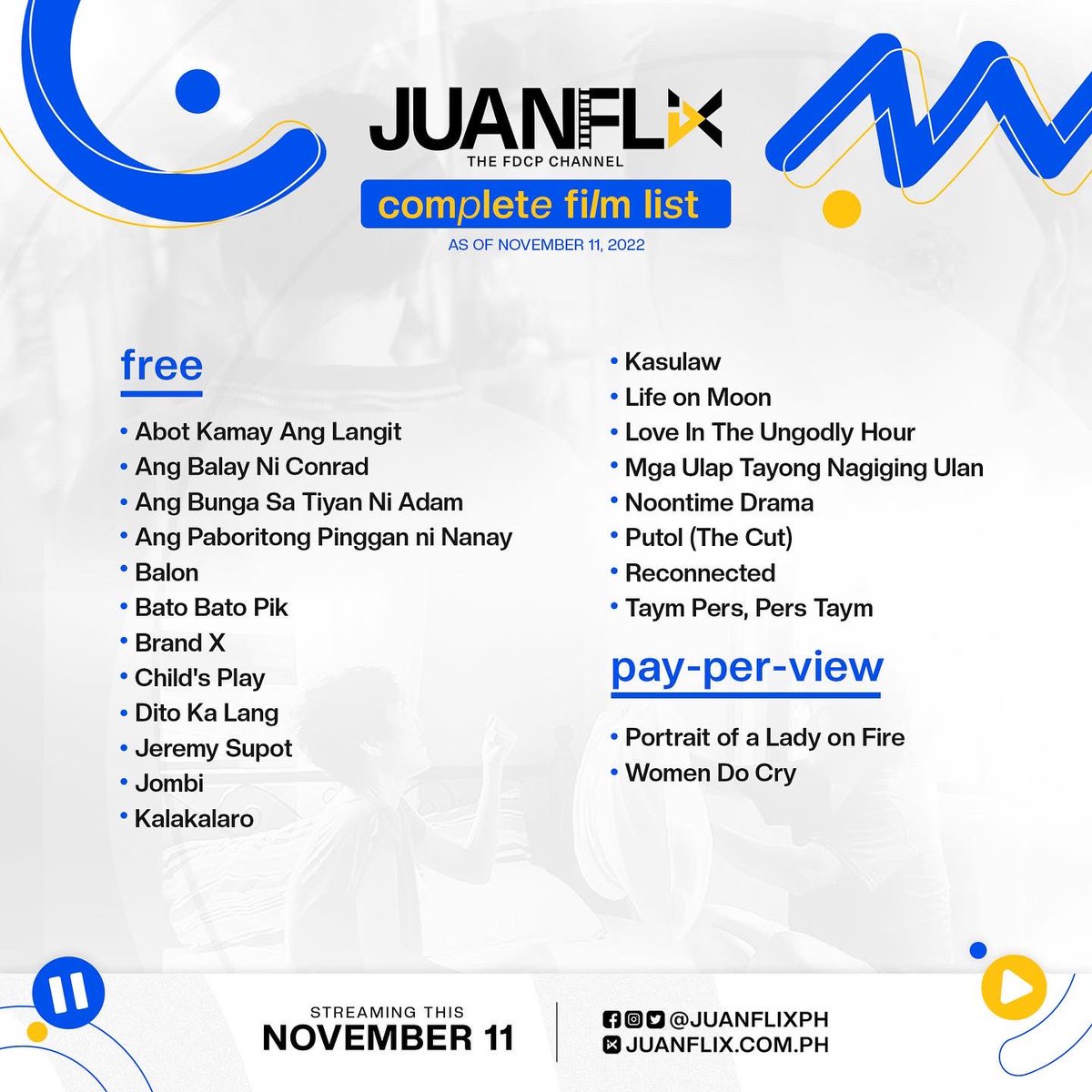 JuanFlixPH's tweet image. [2] ‘Di lang yan, abangan pa ang mga pelikulang paparating sa JuanFlix every month na siguradong maeenjoy niyo!

Kitakits tayo sa juanflix.com.ph ngayong 11.11 at huwag kalimutang tumutok sa aming social media accounts para sa lahat ng updates.

#JuanFlix