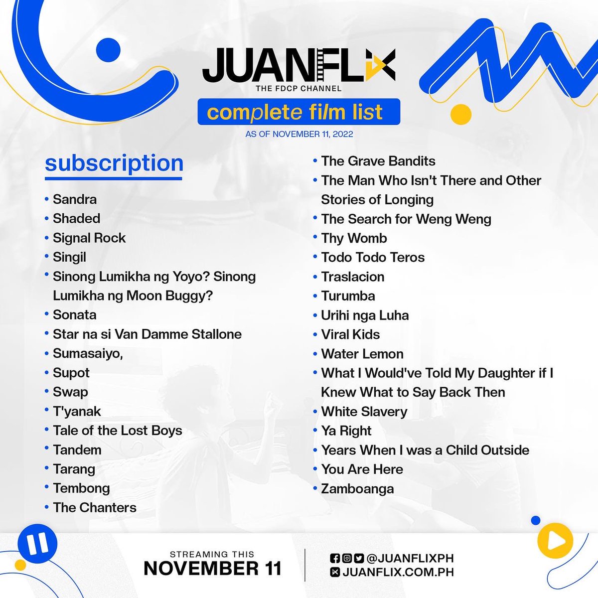 JuanFlixPH's tweet image. [2] ‘Di lang yan, abangan pa ang mga pelikulang paparating sa JuanFlix every month na siguradong maeenjoy niyo!

Kitakits tayo sa juanflix.com.ph ngayong 11.11 at huwag kalimutang tumutok sa aming social media accounts para sa lahat ng updates.

#JuanFlix