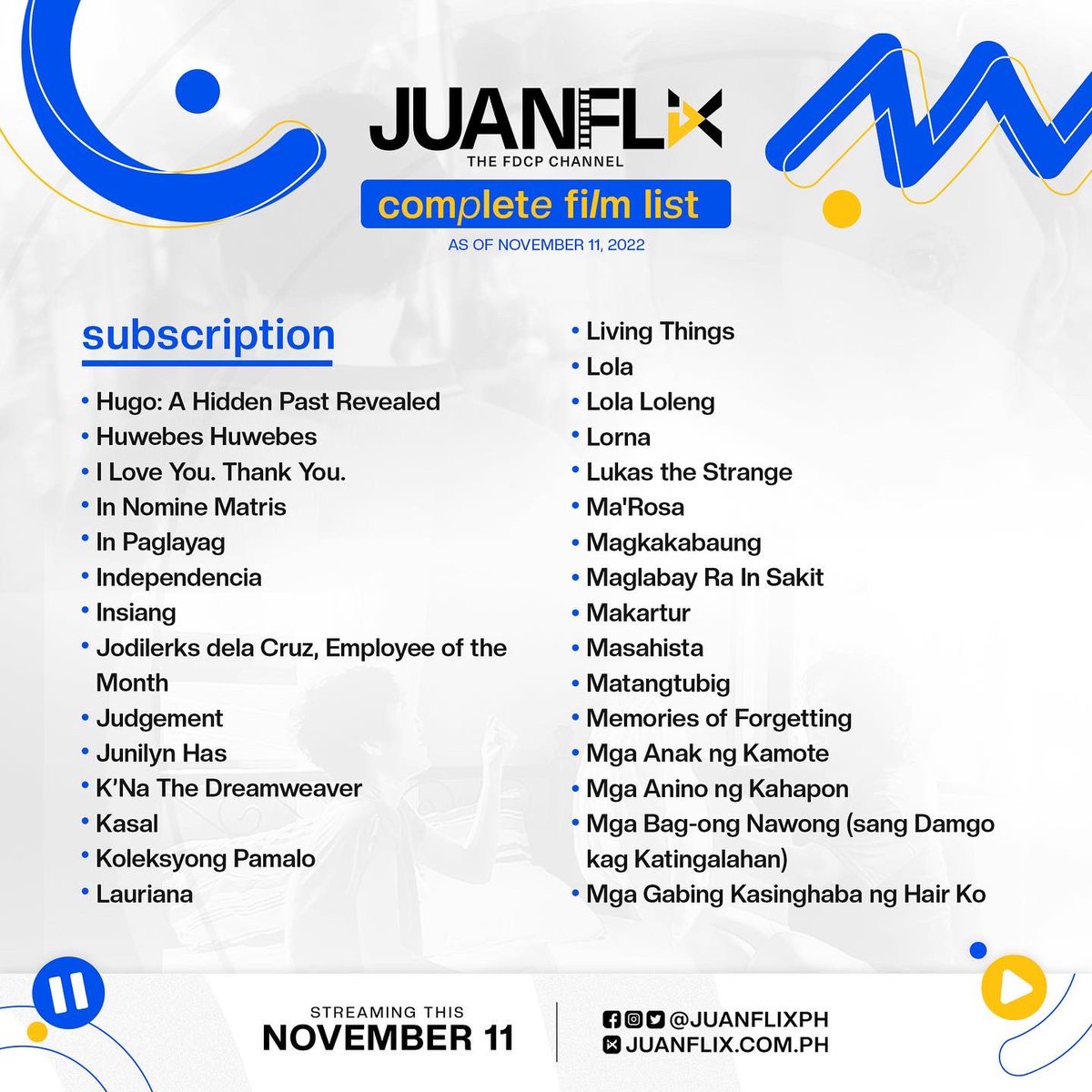 JuanFlixPH's tweet image. [2] ‘Di lang yan, abangan pa ang mga pelikulang paparating sa JuanFlix every month na siguradong maeenjoy niyo!

Kitakits tayo sa juanflix.com.ph ngayong 11.11 at huwag kalimutang tumutok sa aming social media accounts para sa lahat ng updates.

#JuanFlix