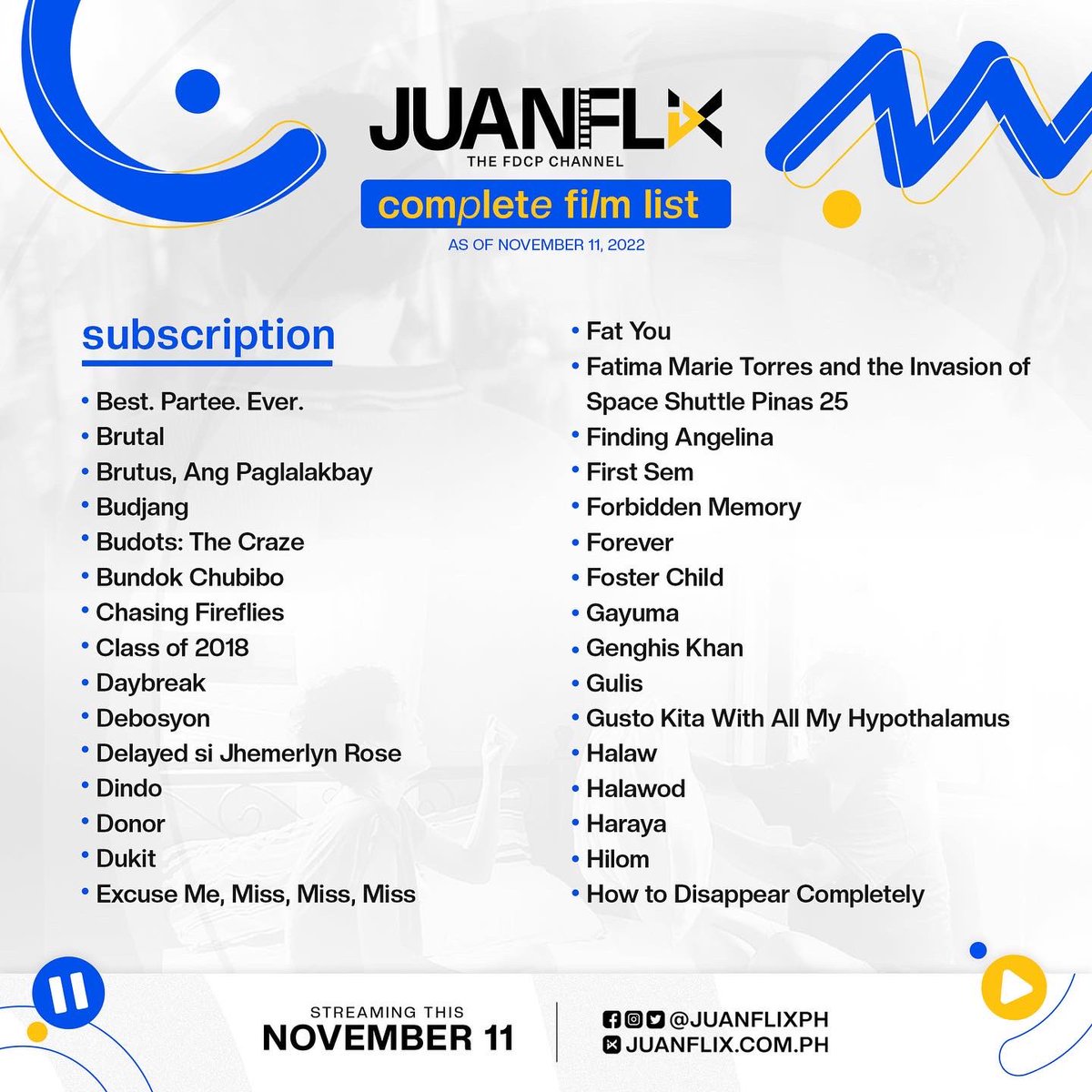 JuanFlixPH's tweet image. 2 ARAW NA LANG AT MAPAPANOOD N’YO NA ANG MGA PELIKULANG HANDOG NI JUANFLIX NGAYONG 11.11! 💯🎬💯🎬💯🎬

Mga ka-Bingekada, narito na ang mga dekalibreng pelikulang puwede n’yong mapanood sa JuanFlix simula ngayong 11.11!
