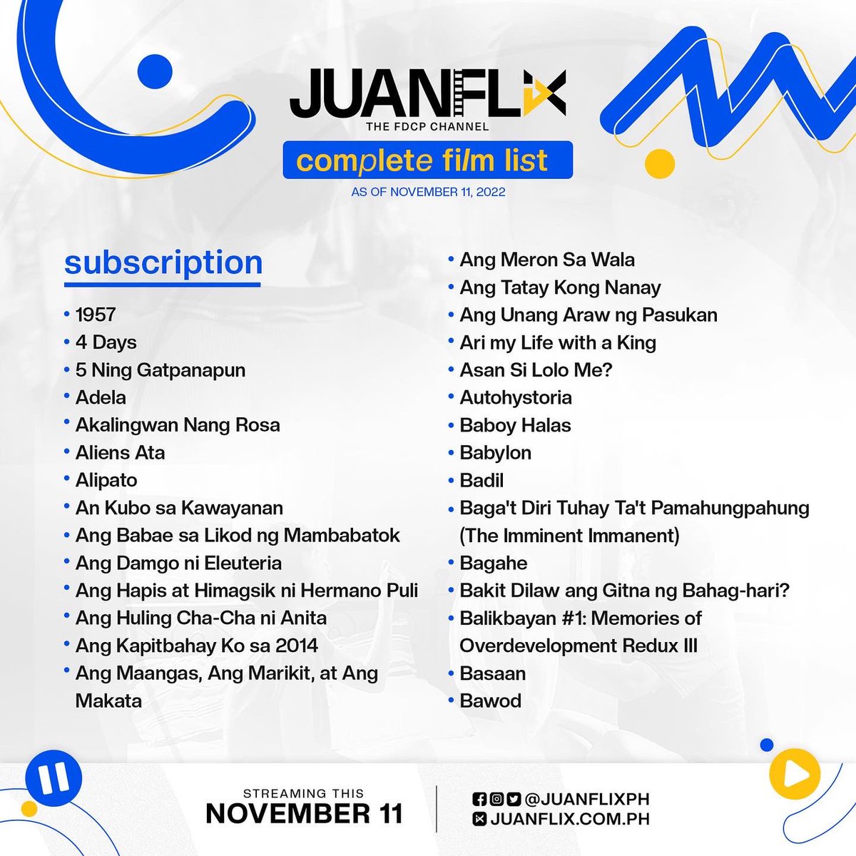 JuanFlixPH's tweet image. 2 ARAW NA LANG AT MAPAPANOOD N’YO NA ANG MGA PELIKULANG HANDOG NI JUANFLIX NGAYONG 11.11! 💯🎬💯🎬💯🎬

Mga ka-Bingekada, narito na ang mga dekalibreng pelikulang puwede n’yong mapanood sa JuanFlix simula ngayong 11.11!