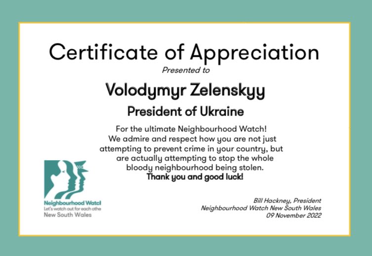 nsw_inc's tweet photo. @ZelenskyyUa Neighbourhood Watch (NHW) New South Wales Australia recognises the ultimate NHW volunteer! Prevents the entire Neighbourhood from being stolen.

Слава Україні                            @NHWKRGHornsby @7NewsAustralia @PMOnAir @AlboMP @SenatorWong @POTUS @UN @9NewsAUS https://t.co/yTnmmXxcPP