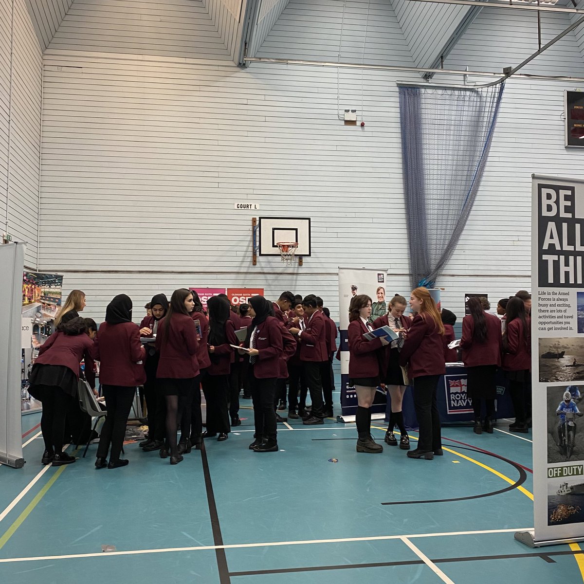 HathershawC's tweet photo. Busy in the Sports Hall today with the #careers fair! 
Students are making the most of the opportunity, discovering as much as they can about their future pathways! 
#TogetherWeSucceed https://t.co/DJC5QEuP30