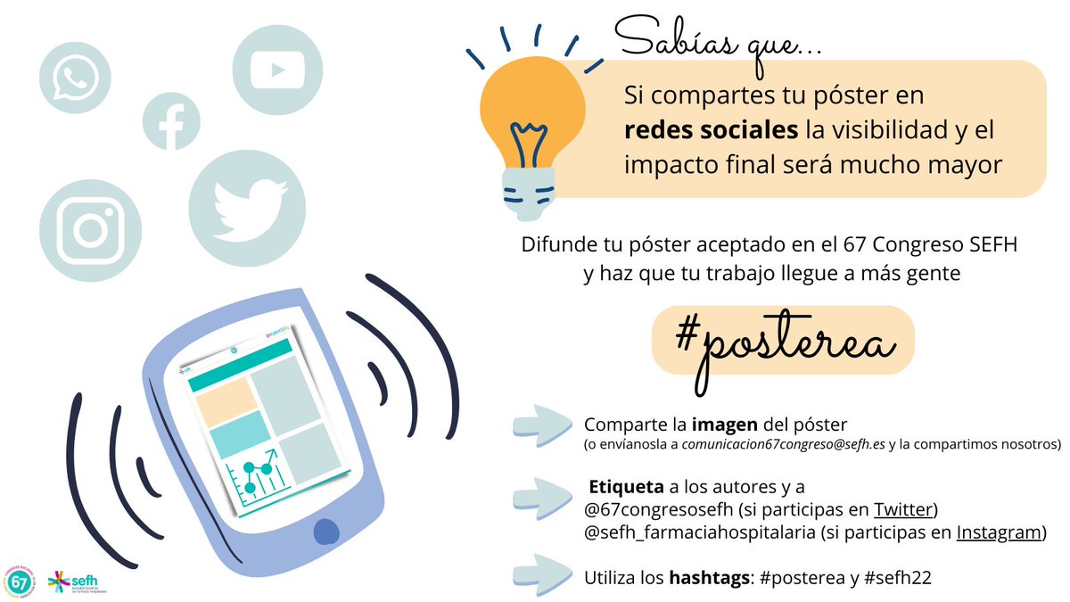 Aprovecha estas semanas precongreso #sefh22 para dar mayor visibilidad a tu póster aceptado en el @67CongresoSEFH 

📢Comparte una imagen y breve explicación de tu póster con el hashtag 👉 #posterea 👈 y etiqueta a tus compañeros y a los grupos de trabajo afines