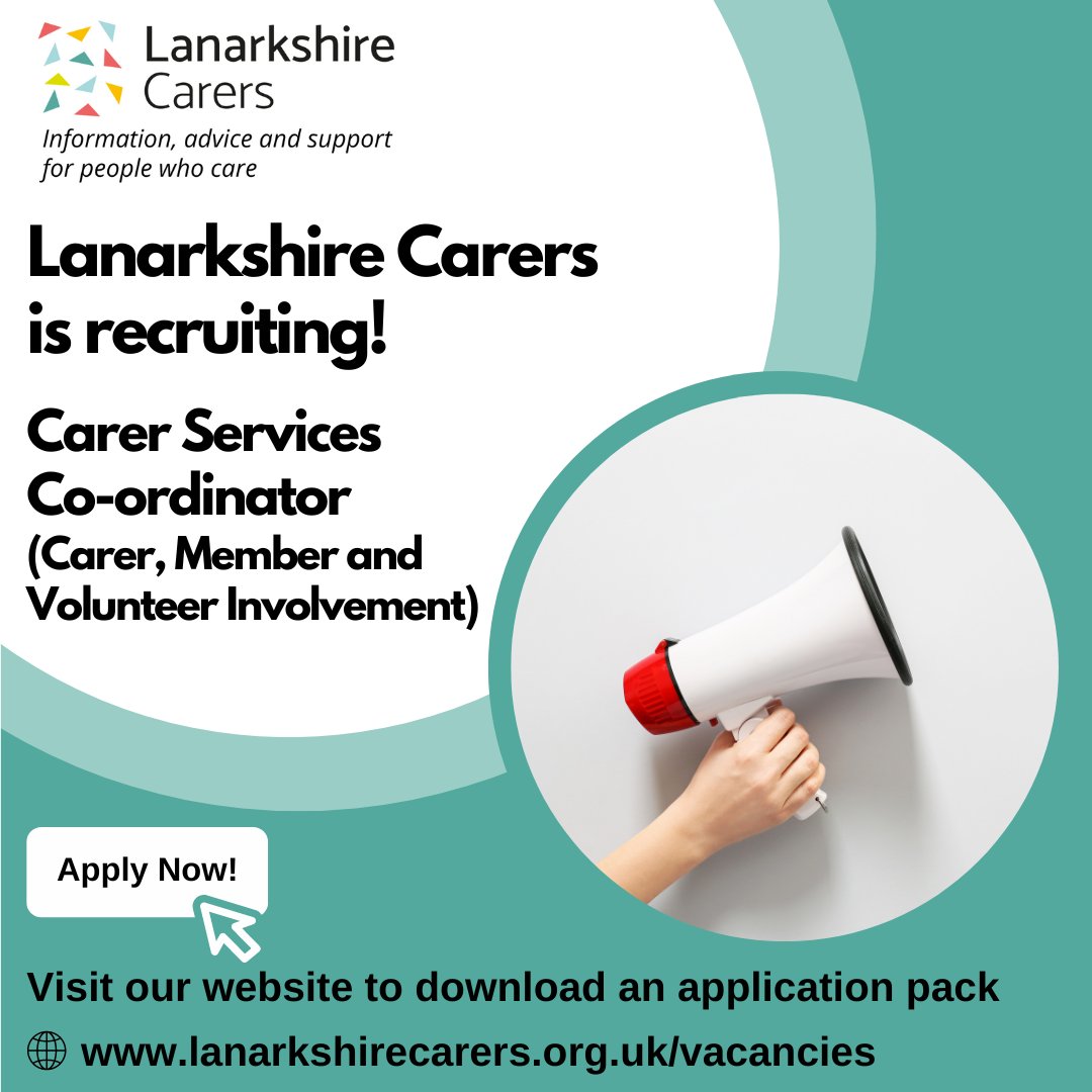 @Lan_Carers is recruiting for a Carer Services Co-ordinator (Carer, Member and Volunteer Involvement) to join our team!

For further information and to download an application pack please visit: lanarkshirecarers.org.uk/vacancies

#CLDJobOpp #BecauseOfCLD #CharityJob