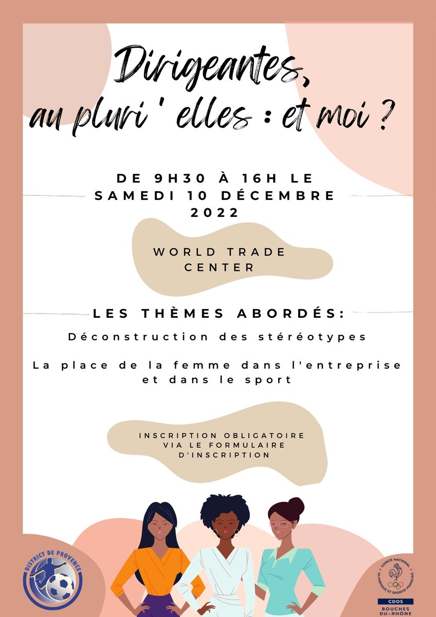 Le District de Provence de Football et le <a href="/cdos_13/">CDOS 13</a>   organisent la nouvelle édition de leur colloque pour les femmes "Dirigeantes au Pluri'elles : et moi ?" le samedi 10 décembre au World Trade Center 
 
Pour plus d'informations sur la journée ➡️ provence.fff.fr/.../colloque-d…