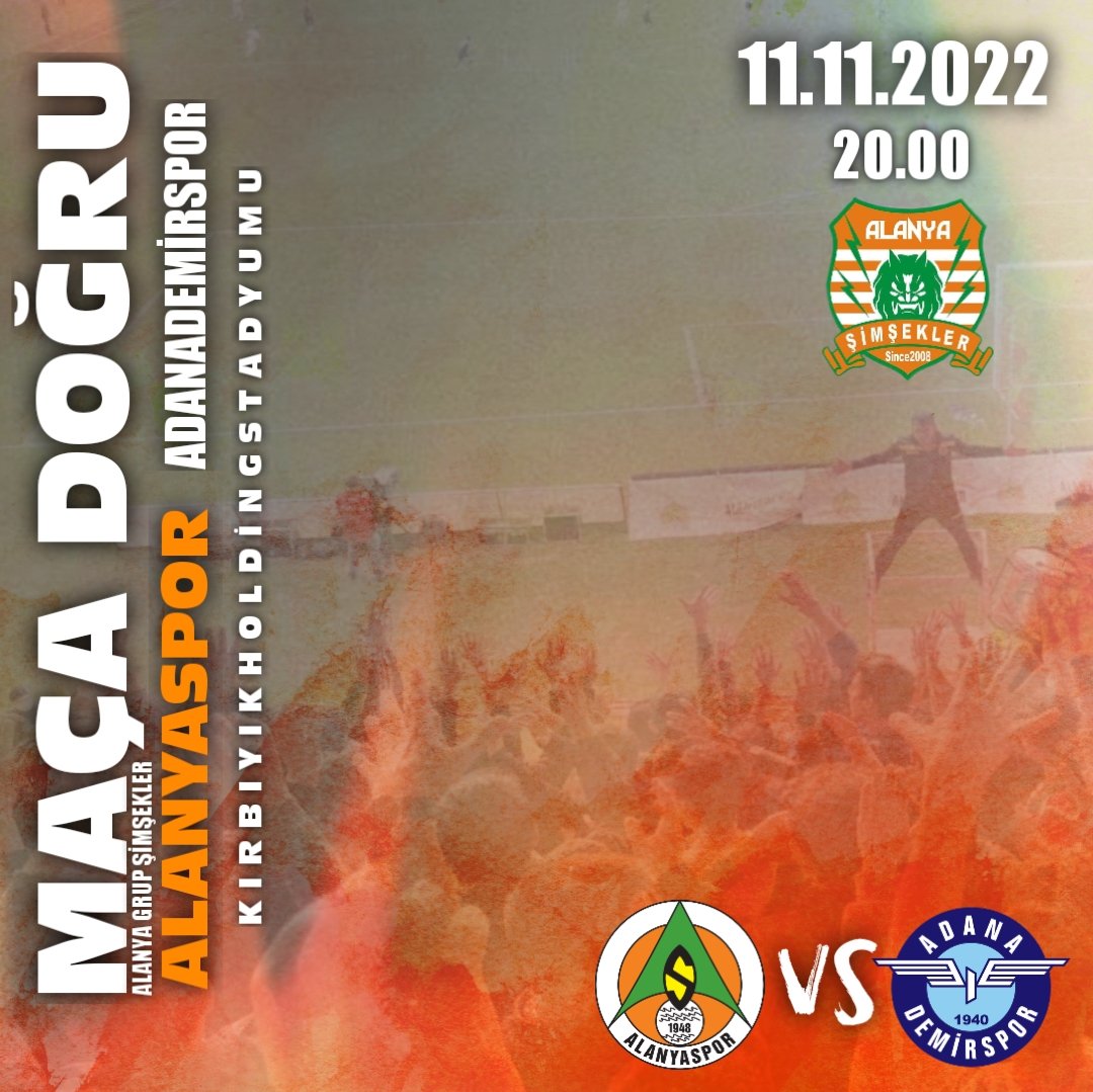 SKOR TAHMİNLERİNİ ALALIM ⁉️
MAÇA DOĞRU 🟠🟢
#Alanyaspor 🆚 #Adanademirspor
🗓️ 11.11.2022  - 20.00' - CUMA
🏟️ KIRBIYIK HOLDİNG STADYUMU
🇹🇷 Türkiye Süper Lig Hafta 14

#Alanyasporşimşekler