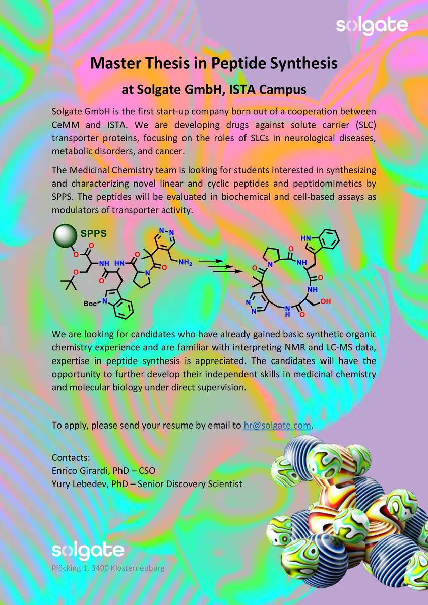 We(R)#hiring. The Solgate team is looking for a master's student with a keen interest in Peptide Synthesis to join us for an internship in drug discovery. Interested? Please send us your CV to hr@solgate.com
#internshipinvienna #masterthesis #PeptideSynthesis #medicinalchemistry