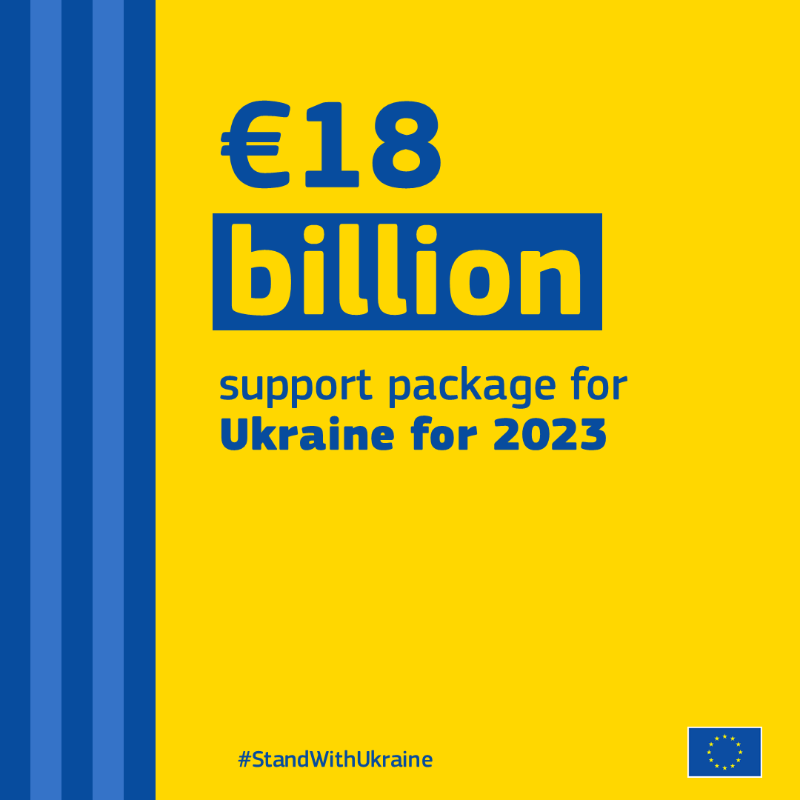 vonderleyen's tweet photo. The EU continues to stand in solidarity with Ukraine.

We propose an €18 billion support package for 2023.

Funding in regular tranches to help recovery in the short-term and strengthen institutions.

Preparing the ground for a reconstruction of 🇺🇦 progressing on the EU path.