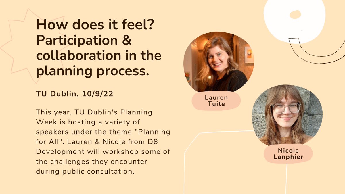 lauren_tuite's tweet image. @nicolelanphier and I will be talking about our feelings tomorrow at #PlanningWeek
Looking forward to meeting the student planners and picking their brains about how we can have diverse and young voices represented in public consultation
 @TUDublinEnvPlan