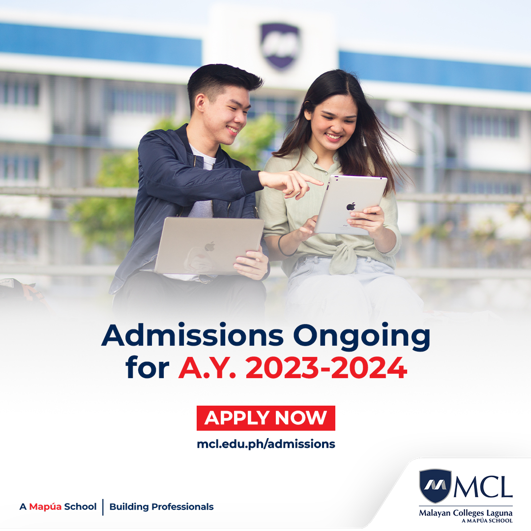 MapuaMCL's tweet photo. Planning to #StudyAtMCL?
Malayan Colleges Laguna, A Mapúa School's ADMISSIONS is NOW ONGOING for A.Y. 2023-2024!
📌Apply now:https://t.co/Ihyyqv8vVc
📌Ask Us: https://t.co/ie4qcrEqzT
#BuildingProfessionals https://t.co/wFQrX5loJC