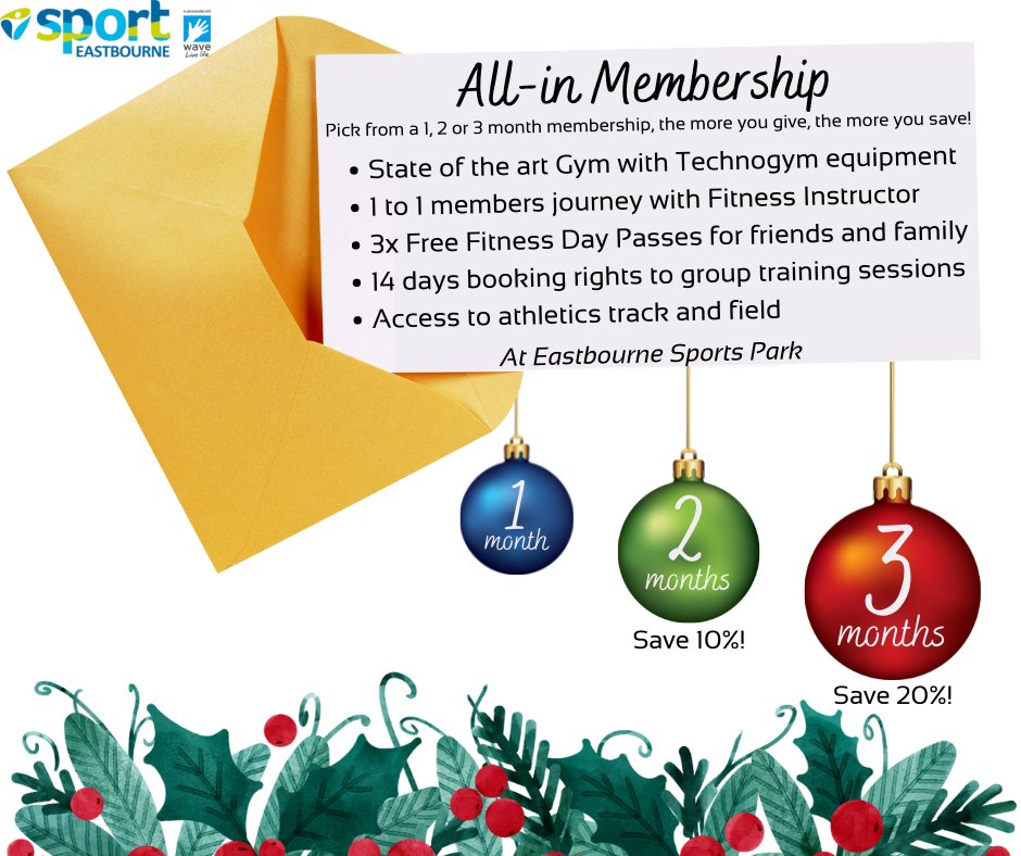 Are you thinking of Christmas gifts yet?🎁

Sport Eastbourne's Christmas Packages include this All-In Membership for 1, 2 or 3 months - the more you give, the more you save!🎅

For more information on Christmas gifts just pop into centre or see our website sporteastbourne.co.uk/memberships/ch…