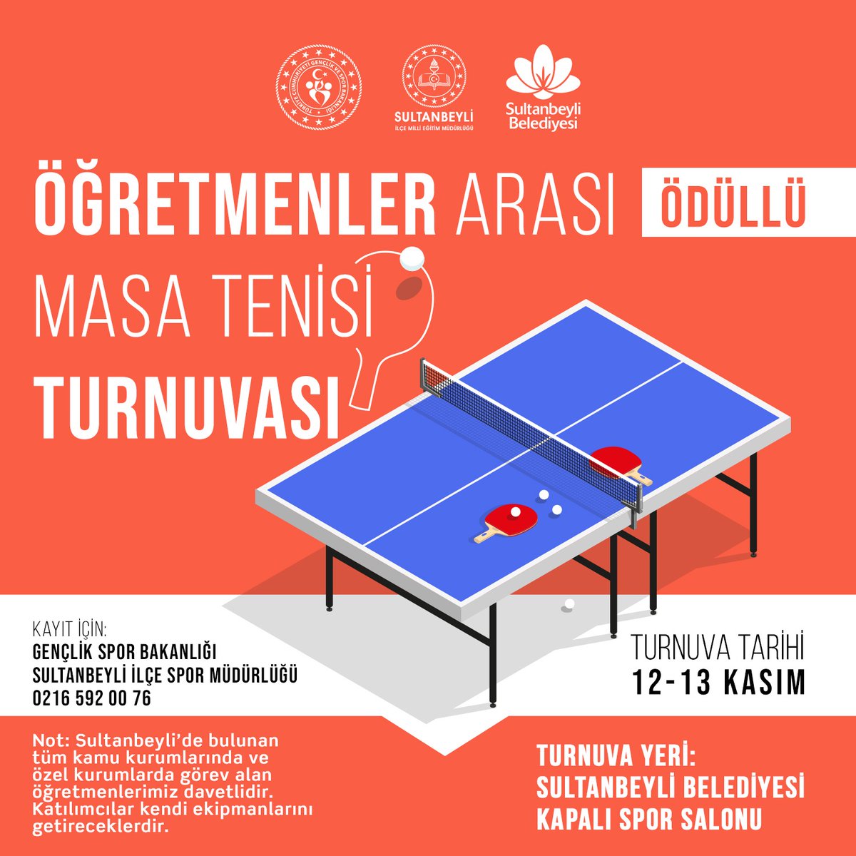 SultanbeyliBel's tweet photo. Gençlik ve Spor Bakanlığımız ve İlçe Milli Eğitim Müdürlüğümüzle düzenlediğimiz Öğretmenler Arası Ödüllü Masa Tenisi Turnuvamız başlıyor. 
İlçemizdeki tüm öğretmenlerimizi turnuvamıza bekliyoruz.🏓 https://t.co/GxOlq9dZ24