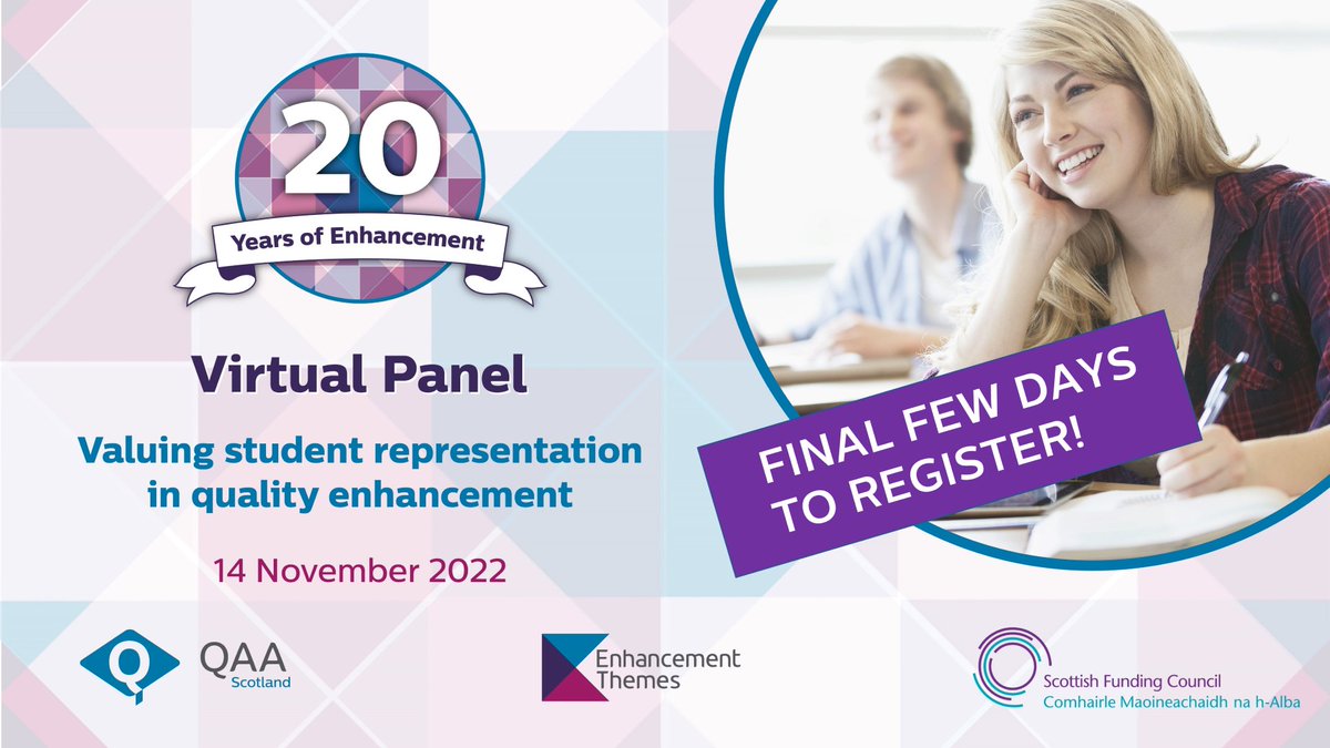 QAA Scotland (@qaascotland) on Twitter photo Our 1st #Enhancement20 virtual panel features: Eve Lewis (<a href="/sparqs_scotland/">sparqs</a>) <a href="/JamesDunphy/">James Dunphy</a> (<a href="/ScotFundCouncil/">Scottish Funding Council</a>) @erica_hensens (<a href="/dundeeuni/">University of Dundee</a>) <a href="/gavinstuartlee/">Gavin Lee</a> (<a href="/UniWestScotland/">UWS</a>) and <a href="/Heather_Innes/">Heather Innes</a> (<a href="/TeamHISA/">Your Students' Association</a> <a href="/ThinkUHI/">UHI</a>).
⭐Register here: ow.ly/atog50LtqXF Our 1st #Enhancement20 virtual panel features: Eve Lewis (<a href="/sparqs_scotland/">sparqs</a>) <a href="/JamesDunphy/">James Dunphy</a> (<a href="/ScotFundCouncil/">Scottish Funding Council</a>) @erica_hensens (<a href="/dundeeuni/">University of Dundee</a>) <a href="/gavinstuartlee/">Gavin Lee</a> (<a href="/UniWestScotland/">UWS</a>) and <a href="/Heather_Innes/">Heather Innes</a> (<a href="/TeamHISA/">Your Students' Association</a> <a href="/ThinkUHI/">UHI</a>).
⭐Register here: ow.ly/atog50LtqXF