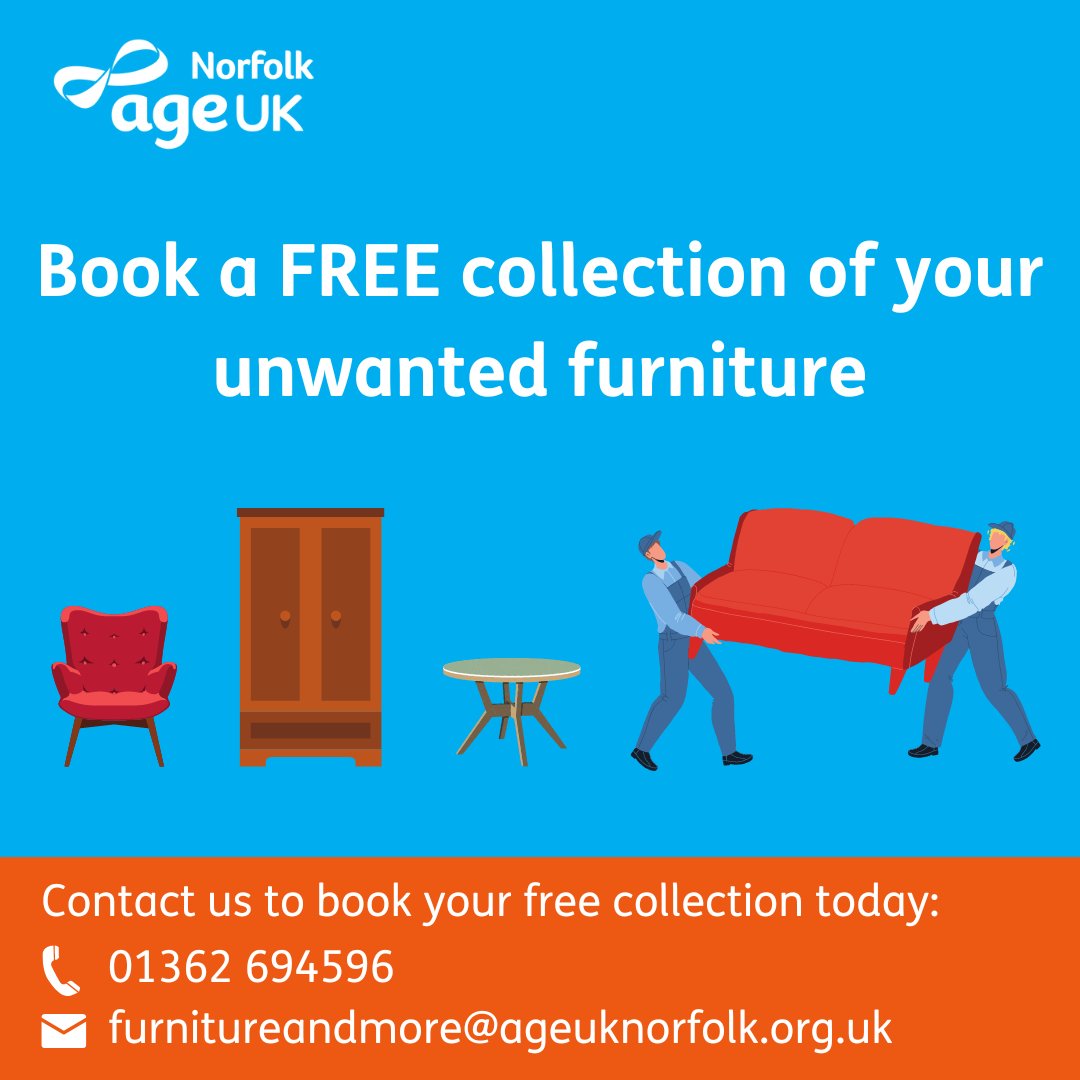 ageuknorfolk's tweet photo. We can collect unwanted furniture from your home to sell at our Dereham Charity shop, which in turn helps to raise funds for Age UK Norfolk and the services we provide. You can get rid of your unwanted furniture for free and raise money for charity at the same time - win win! 😁 https://t.co/NH9vFxE7Zk