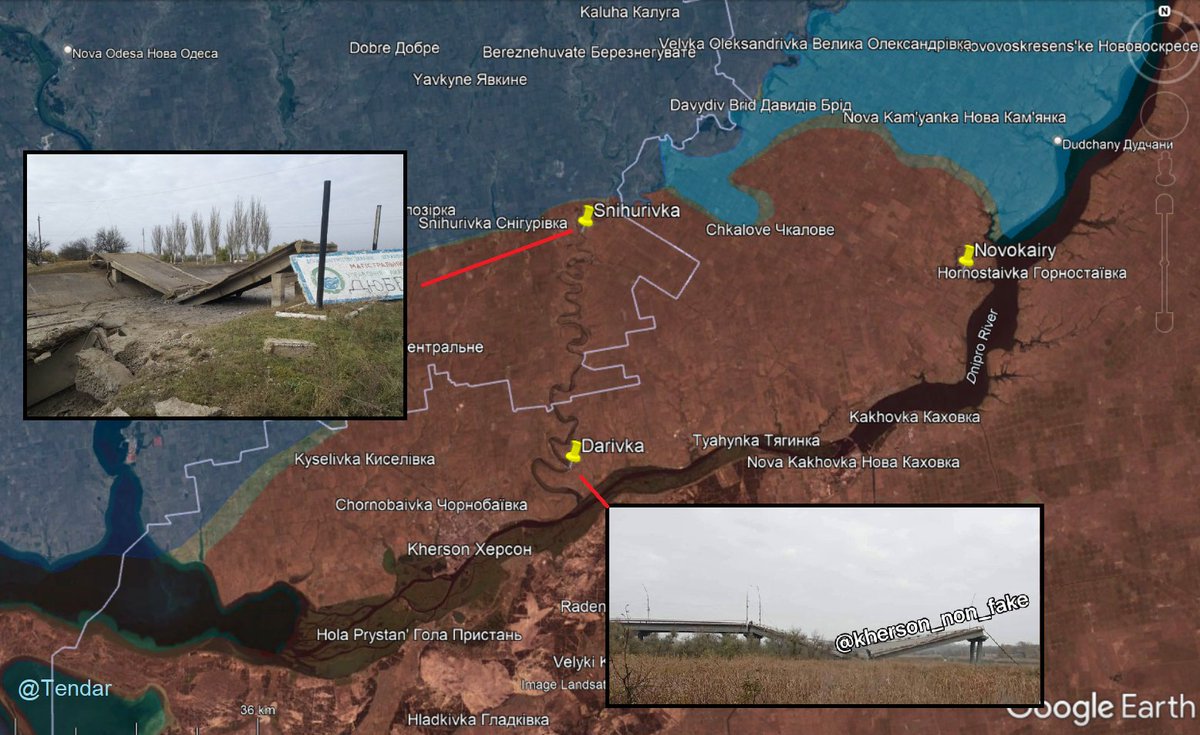 Tendar's tweet photo. Russians have started to systemically blow up bridges in Kherson oblast (West of Dnipro River). The bridges exiting Snihurivka to the South, as well as the remaining bridge at Darivka have been visually confirmed destroyed. Reports that the bridge dam at Novokairy is also down. https://t.co/XSusUB4lr6