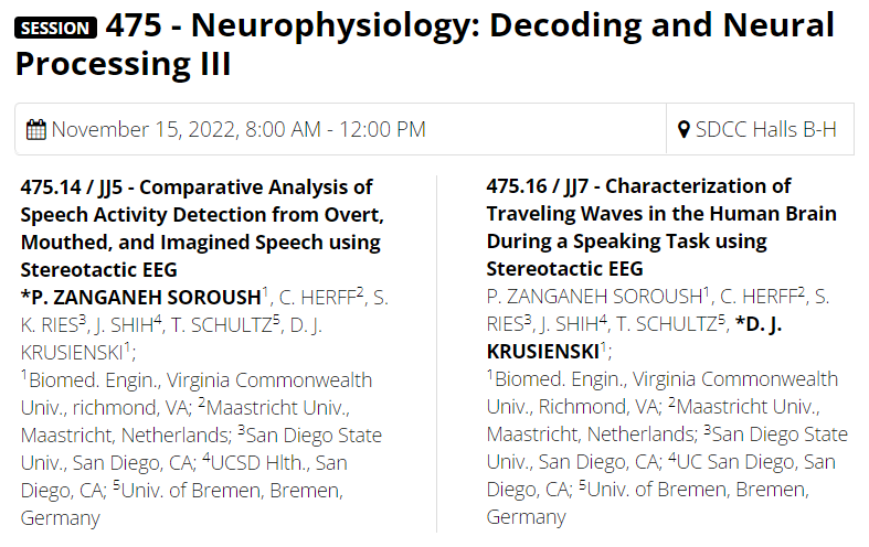 ASPENLABVCU's tweet photo. Please join us at #SfN22 on Tuesday to learn about Pedram's latest work on characterizing neural activity during speech using stereotactic EEG. 
@PedramZS @HerffC @sriescornou @UniBremenCSL
 #sEEG #BCI #SpeechDecoding #ImaginedSpeech https://t.co/okLdPXwkio