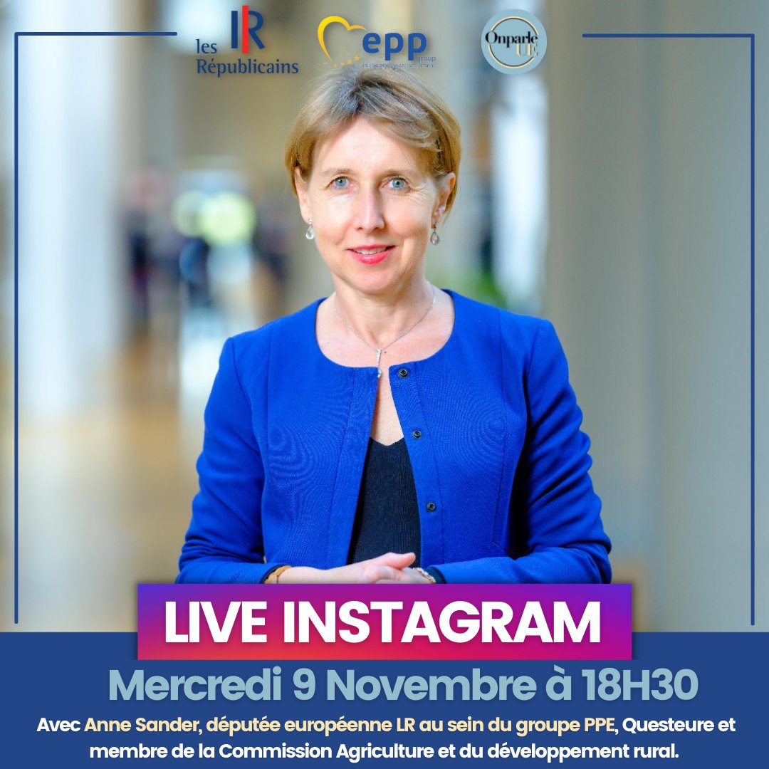 📽🔴LIVE : 
On parle UE est ravi de recevoir Madame la Députée européenne <a href="/AnneSanderElue/">Anne Sander</a> ce soir à 18h30 en live Instagram !
Une bonne occasion de débattre sur la sécurité alimentaire en 🇪🇺 et d'apprendre davantage sur son parcours et sur l’actualité européenne 🇪🇺 #meppolitics