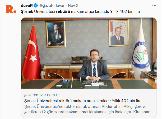 - Şırnak Üniversitesinin öğrenci sayısı 4506
- Üniversite kütüphanesinde ögrenci basına düsen basılı kitap sayısı 0 (SIFIR)
- Üniversitenin sağladıgı eğitim burslarından faydalanan ögrenci oranı %0

Üniversiteye yeni atanan rektörün göreve gelmesinden 12 gün sonraki icraatı: