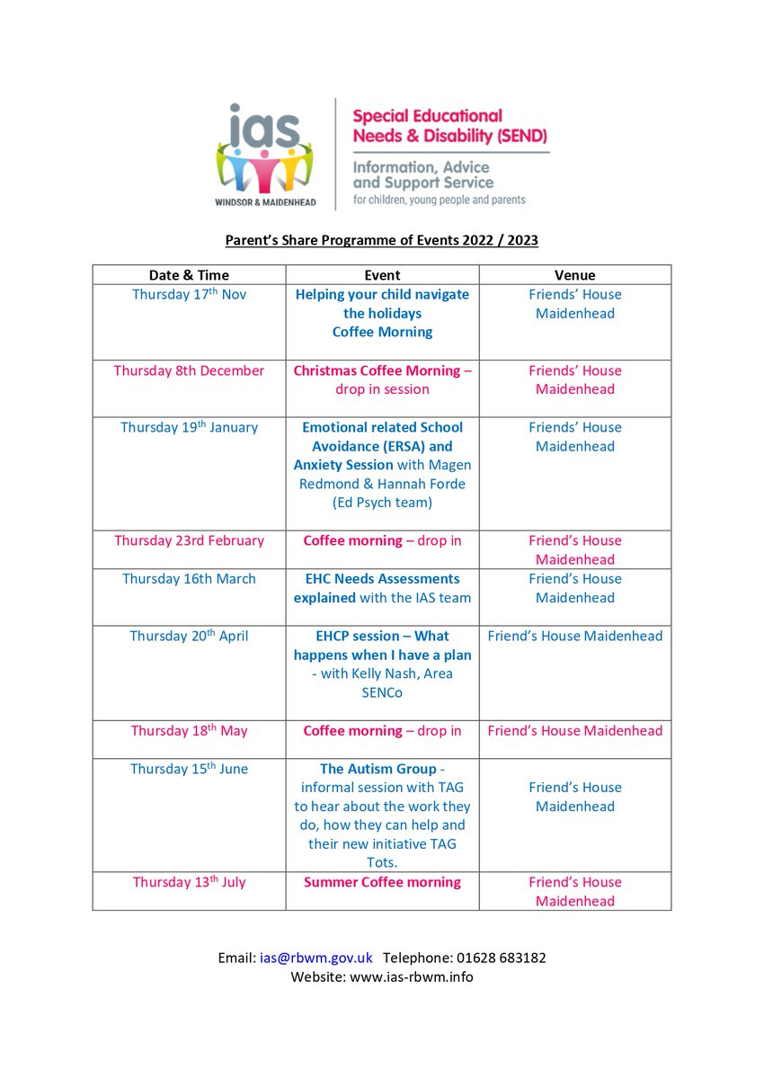 iasrbwm's tweet photo. Here is our schedule of Parents' Share events for the rest of the academic year - starting this week! Come and say hello and join us for a cuppa. https://t.co/HfphckZDCy