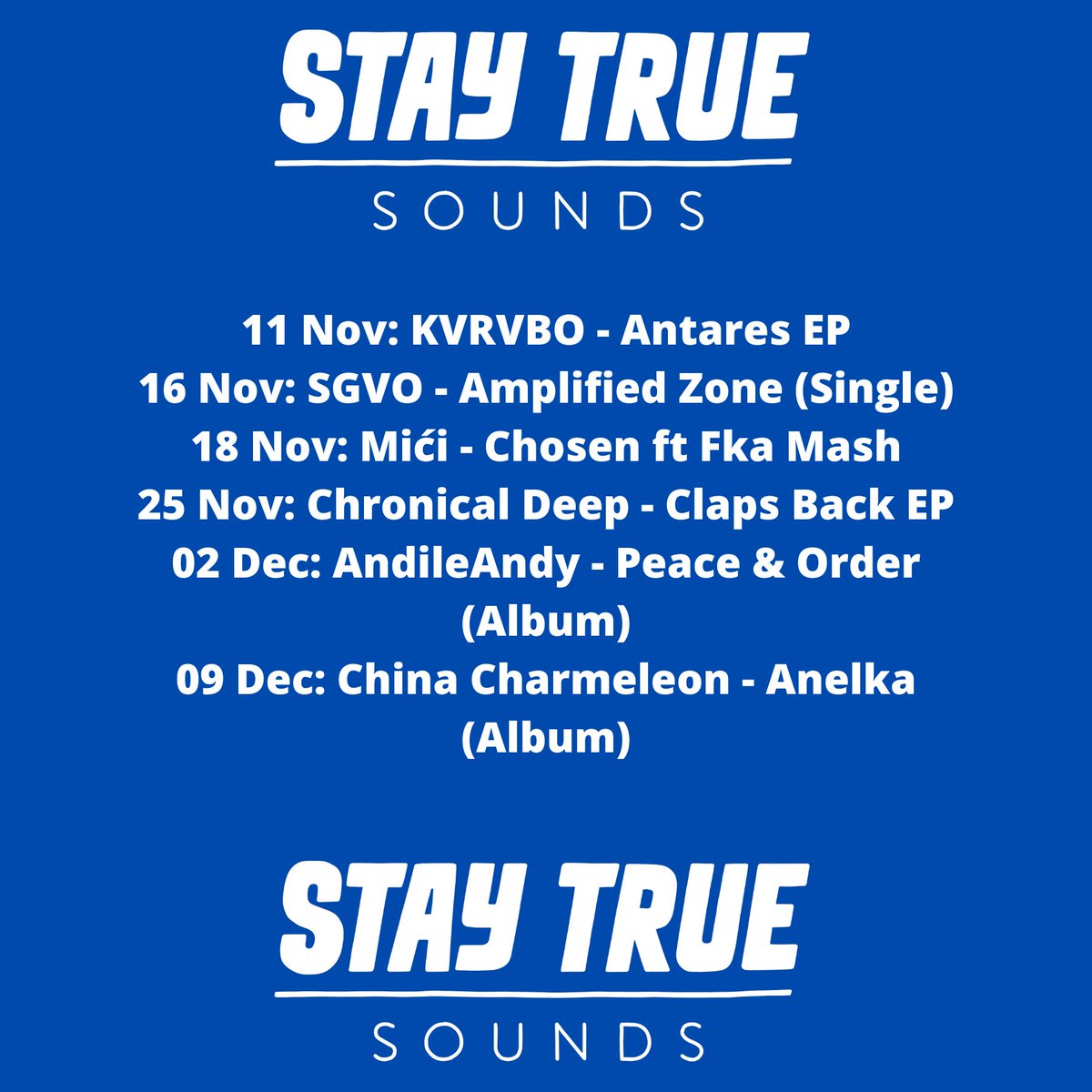 Last few releases from the <a href="/StayTrueSounds/">Stay True Sounds</a> gang in 2022! 

Too much heat will be dropped😮‍💨

<a href="/KVRVBO_Official/">K A R A B O</a> <a href="/Sgvosa/">VO.</a> <a href="/micirosemusic/">Miči</a> <a href="/RealFkaMash/">MIDTEMPO BADMAN</a> <a href="/ChronicalDeep/">📍Hayi Baba OUT NOW! 🔥🚀</a> <a href="/andileandyCA/">My Mother's Prayer</a> <a href="/CharmeleonChina/">China Charmeleon</a> 🔊