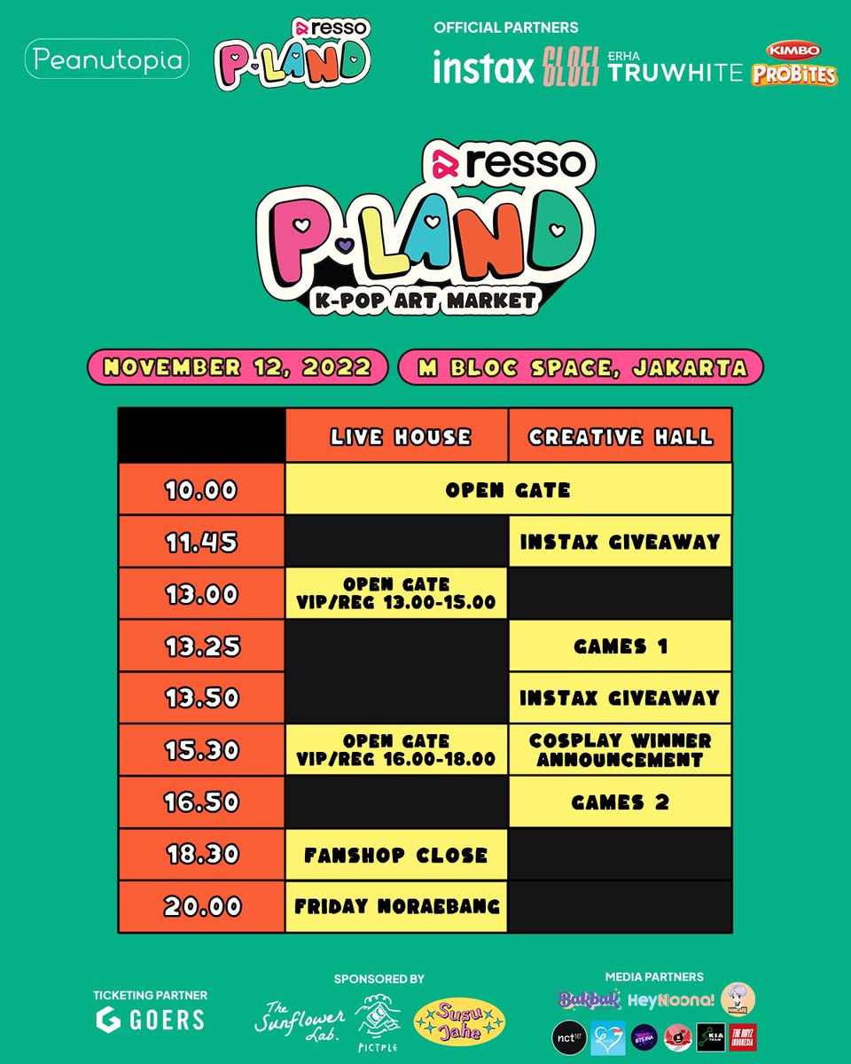 plandartmarket's tweet photo. A timeline of the activities we'll have at P-LAND! Make sure to come on time so you won't miss all the fun!

🗓 November 12, 2022
⏰ 10:00 - 21:00 WIB
📍 MBLOC Space, Jakarta

#KpopMarket #KpopEvent #KpopIndonesia #KpopCommunity #PLAND https://t.co/ak92sWyiOQ