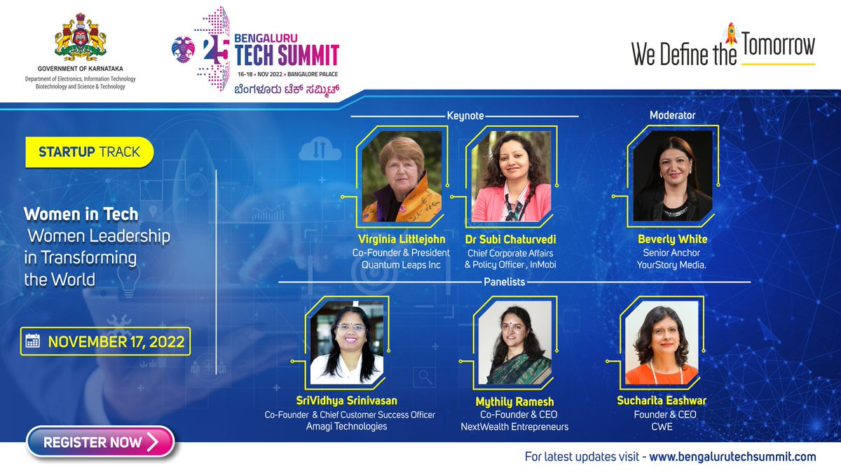blrtechsummit's tweet photo. Know all about "Women Leadership in Transforming the World" under the Startup Track at BTS 2022 on November 17 in the presence of the industry's brightest minds. Don't let this chance slip & register at https://t.co/YRDfr7i4f2.
#StartupTrack #WomenInTech #WomenLeadership https://t.co/I4etMP3PH1