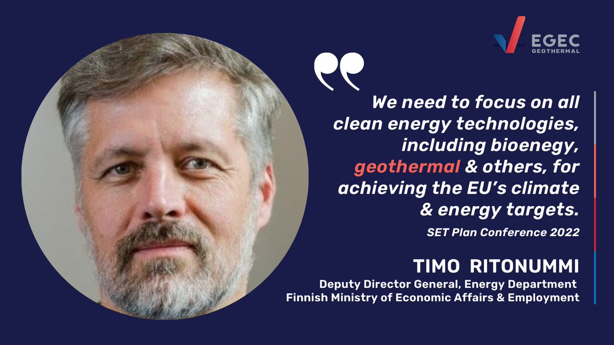 Strong statement from Timo Ritonummi, today at #SETPlan Conference in Prague:
'We need to focus on all #CleanEnergy technologies, including #bioenegy, #geothermal, and others, for achieving the EU’s climate and energy targets.'

#SETPlan2022 #EnergyCrisis #EnergyTransition