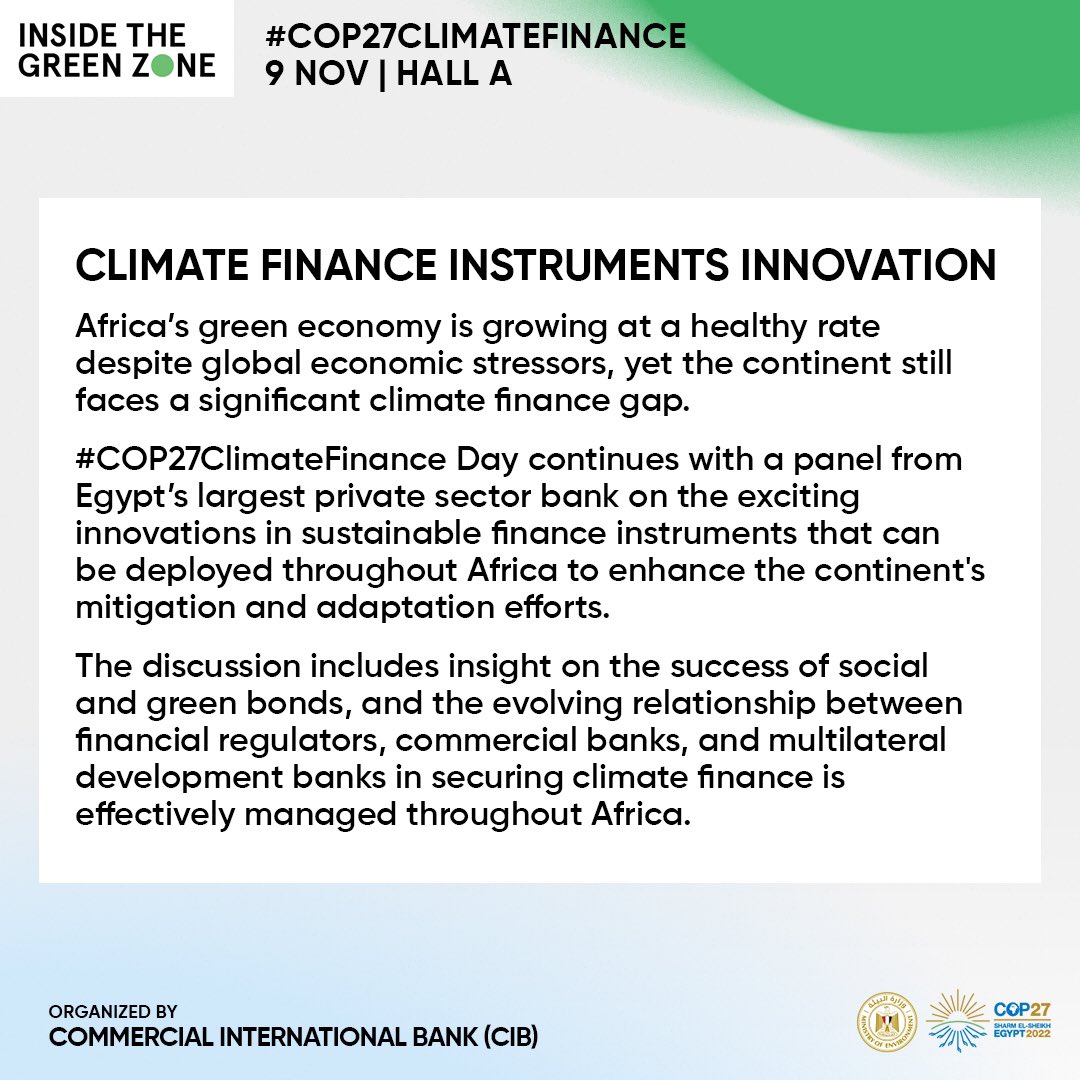 EGY_Environment's tweet photo. #COP27 live from the #GreenZone | Hall A | Side Event | Climate Finance Instruments Innovation

#TogetherForImplementation #JustAndAmbitious #ClimateFinance #JustFinance #GreenFinance https://t.co/r5nXOMqqTu