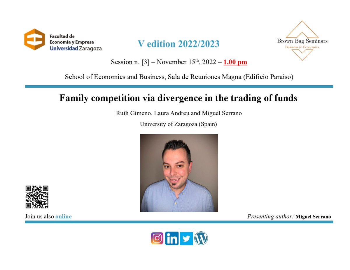 BagBusiness's tweet photo. The third sesión of #VBBS is coming soon!
👨🏻💻Miguel Serrano will present “Family competition via divergence in the trading of funds”.
🗓Tuesday, November 15th
⏰13h
📍Sala de reuniones de la Magna (@FECEM) and online through Google Meet (link in bio)
We hope to see you all there! https://t.co/KPXERzRDCG
