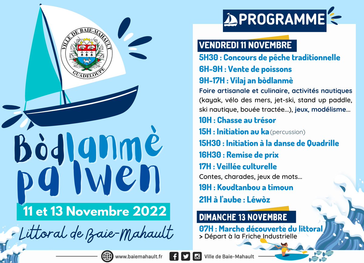 #RouteDuRhum • #Agenda | Plus que quelques heures avant le départ de la Route du Rhum! Afin de mettre les voiles et de soutenir les skippers (dont le baie-mahaultien Willy Bissainte) nous vous invitons à vivre les nombreuses animations du Bòdlanmè pa Lwen ⛵️🛶👇🏽