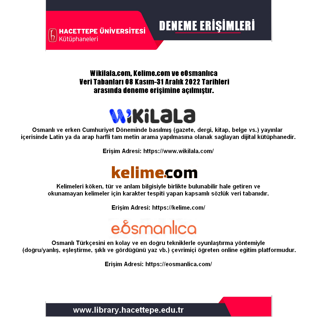 hukutuphaneleri's tweet photo. https://t.co/3KMGM9TnDA, https://t.co/vmexuehes7 ve eOsmanlıca Veri Tabanları 08 Kasım-31 Aralık 2022 Tarihleri arasında deneme erişimine açılmıştır. Wikilala com> https://t.co/H3ZhNPg8jO Kelimecom> https://t.co/wVVWGupfoF
eOsmanlıca >https://t.co/DG8J2E64V4 https://t.co/q30TX1ynd2